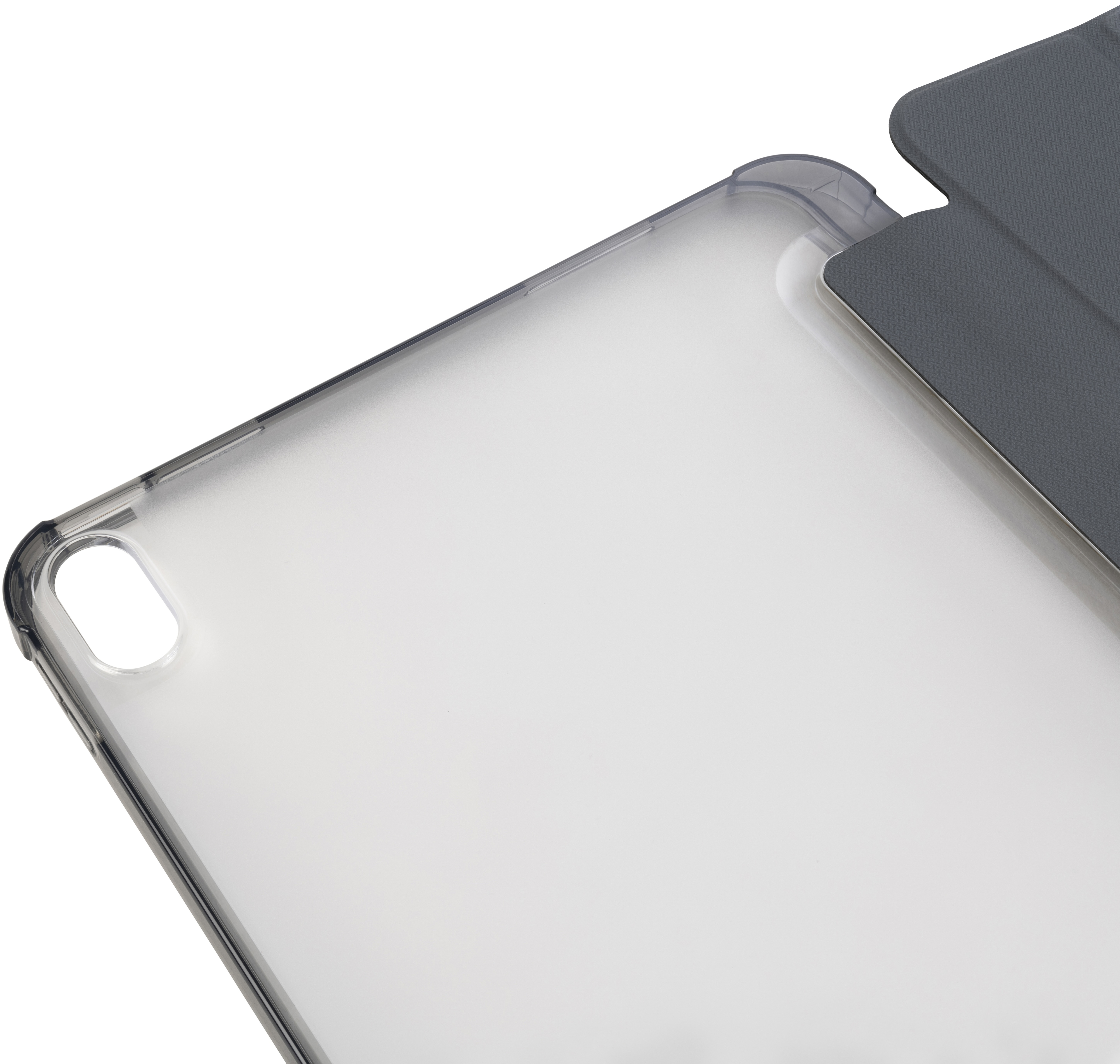 Tablet in einer transparenten Hülle, der Rand einer grauen Abdeckung sichtbar.