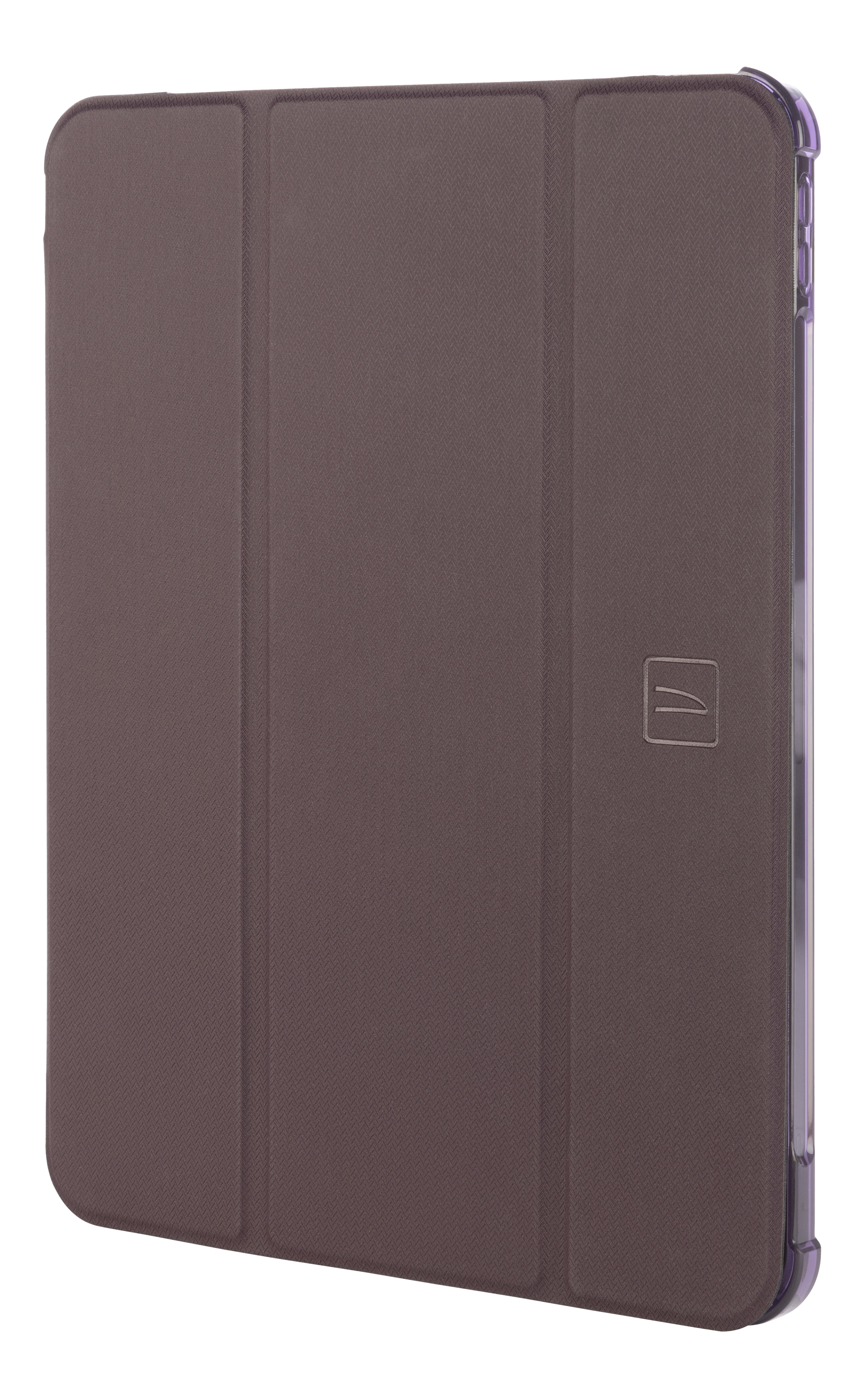 Étui de tablette marron avec trois plis et bord violet. Fond blanc.