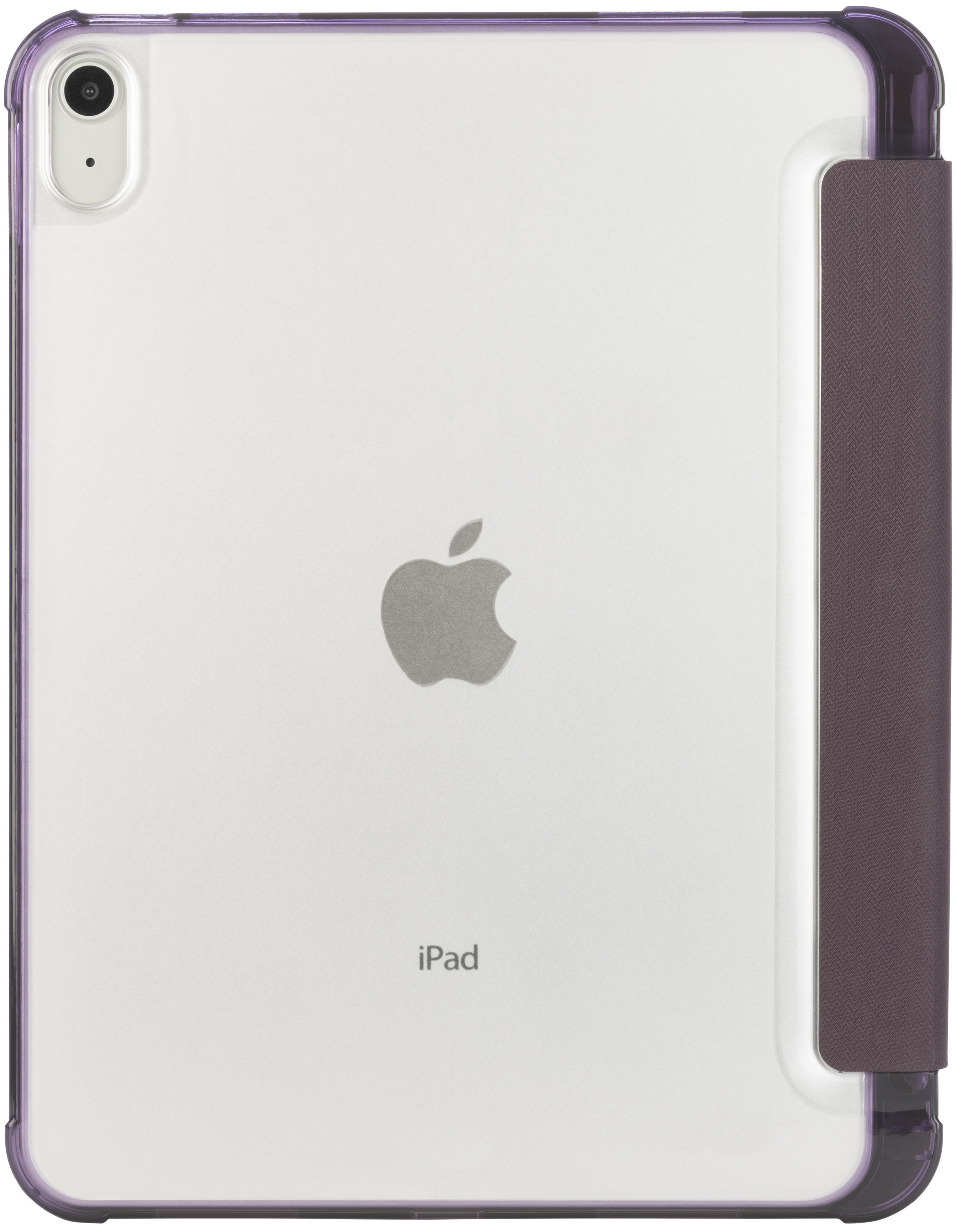 Dos d'un iPad blanc dans un étui transparent avec une tranche violette.