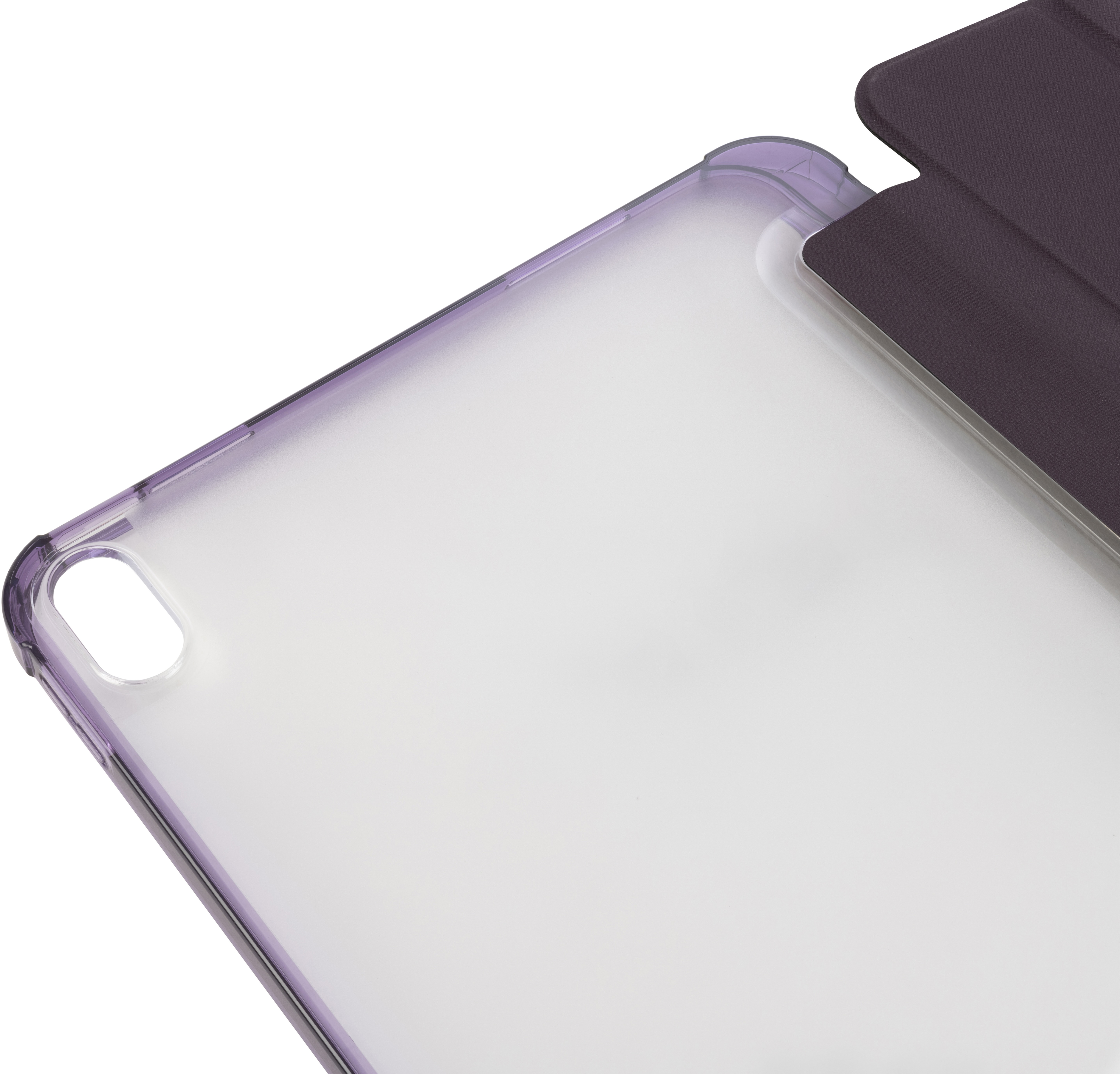 Gros plan sur un étui de tablette, transparent avec une bordure violette, montrant l'intérieur.