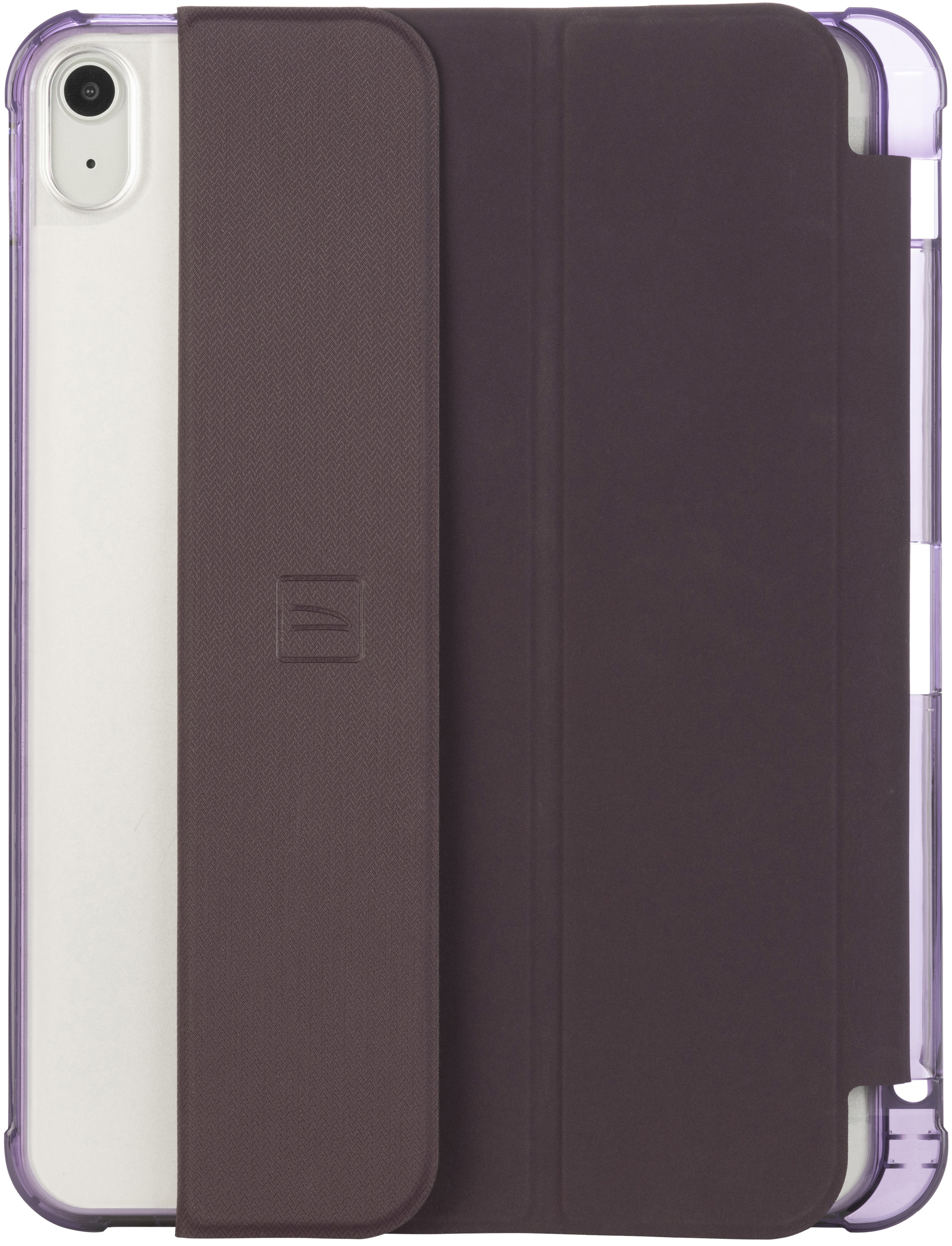 Un iPad dans un étui marron. La couverture est ouverte, montrant l'iPad blanc et une couverture marron.