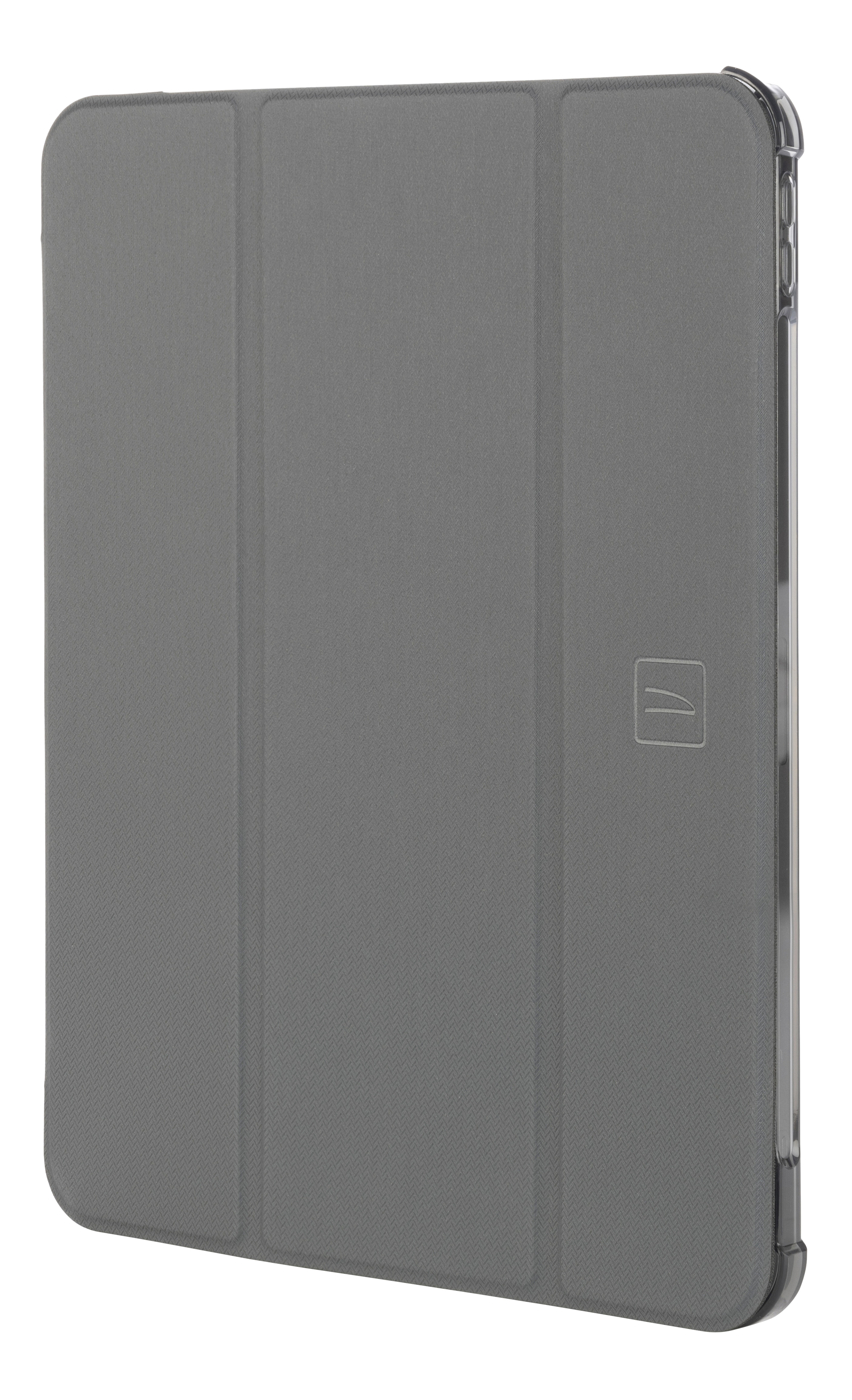 Eine graue Tablet-Hülle, geschlossen, mit einem einfachen Logo auf der Vorderseite.