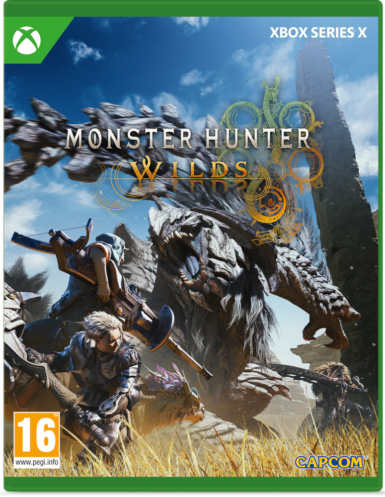 Monster Hunter Wilds gamecover. Een monster valt aan, met personages die er in de achtergrond tegen vechten.