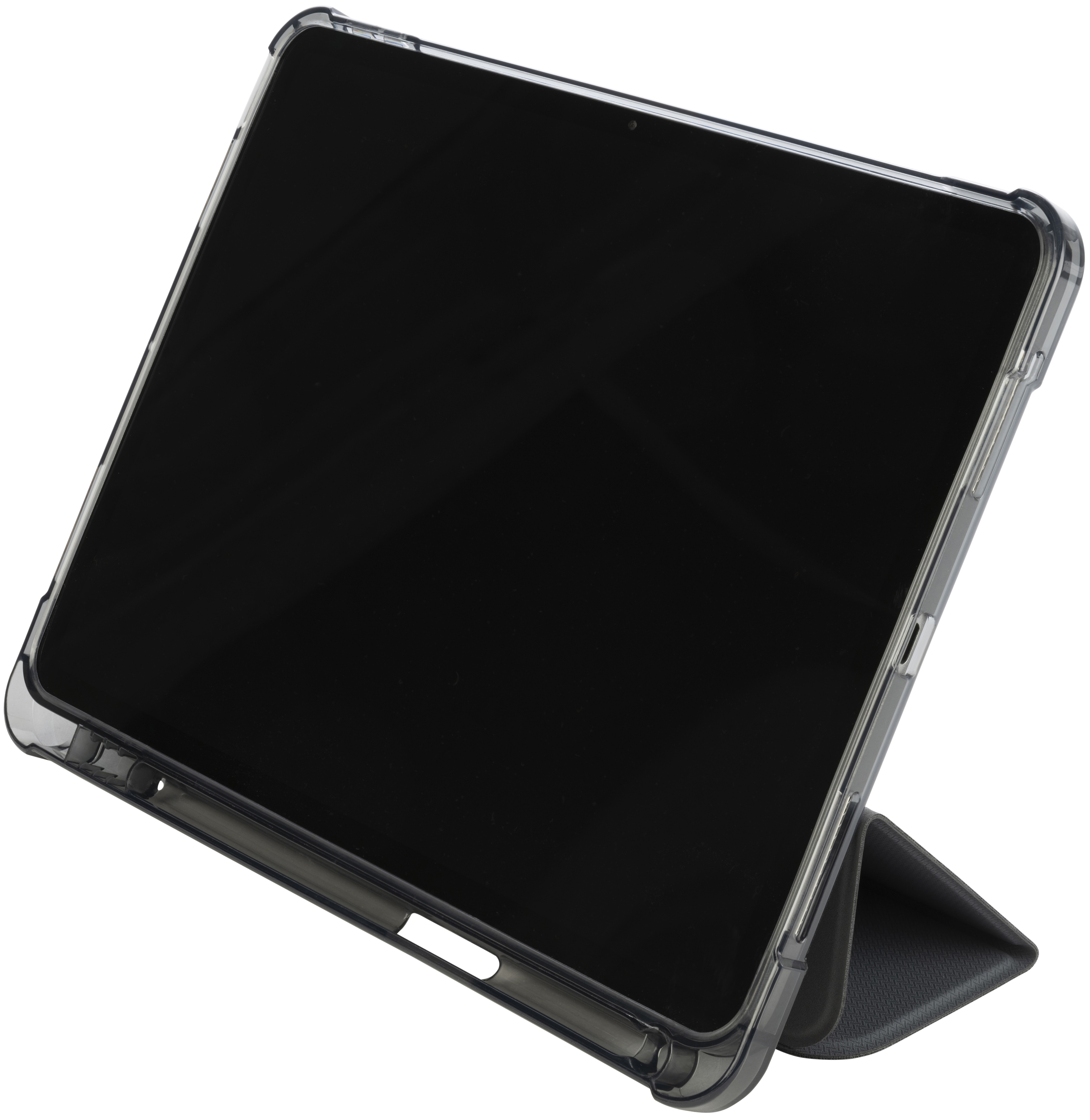 Tablet in einer transparenten Schutzhülle mit Ständer.