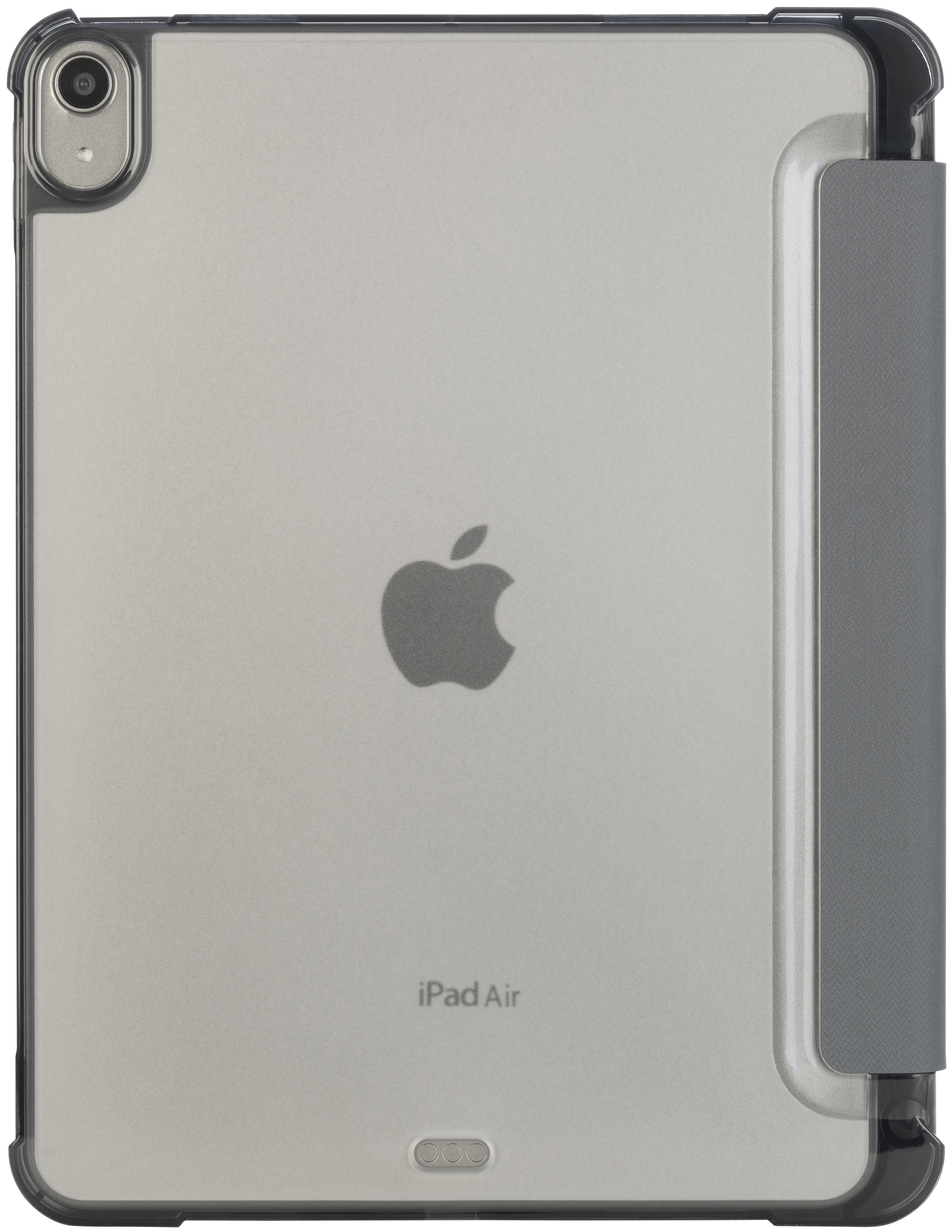 iPad Air in einem grauen Gehäuse. Es hat ein Apple-Logo. Das Gehäuse hat eine Kamera und einen dunkelgrauen Ständer.