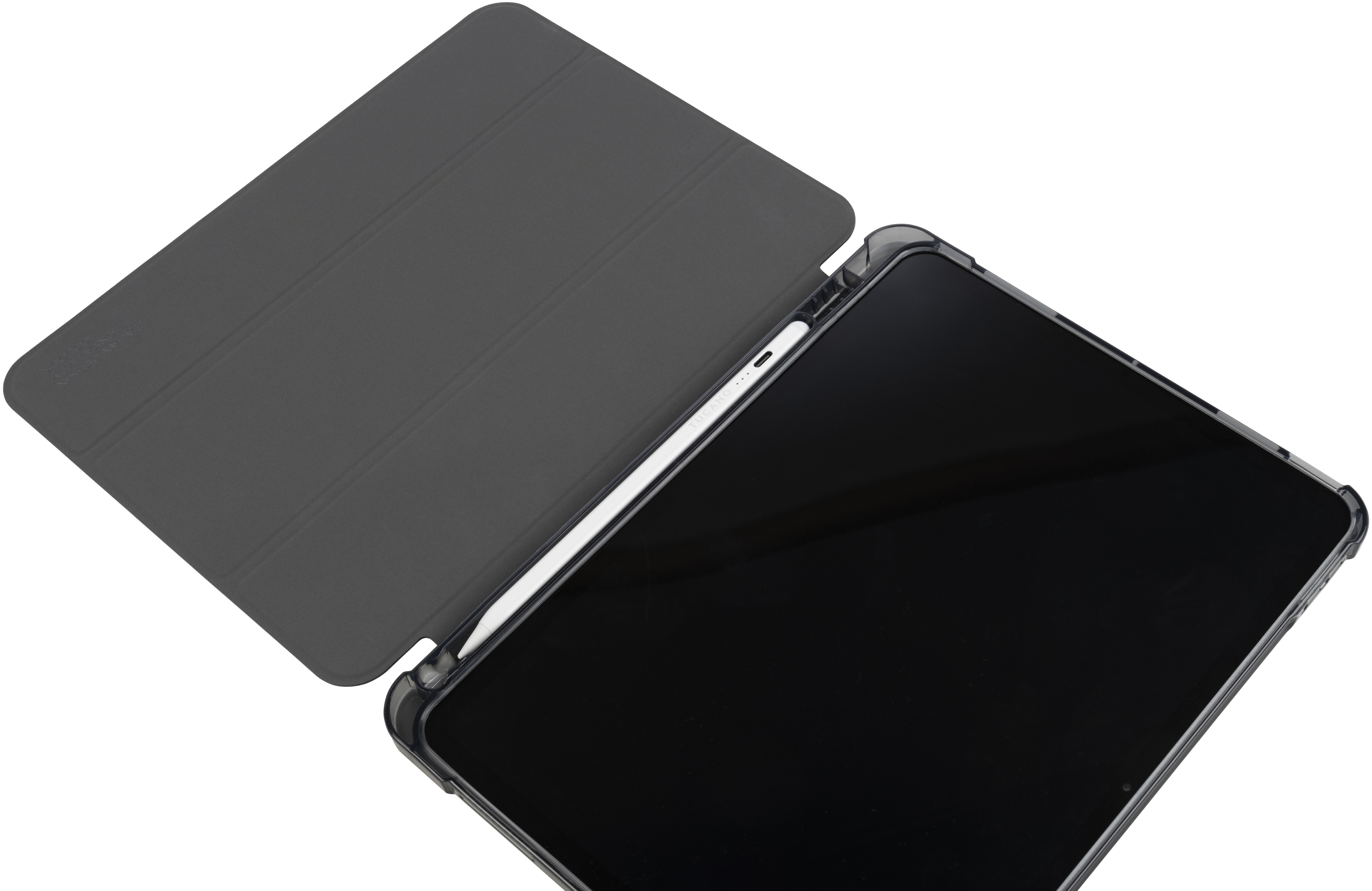 Ein Tablet mit geöffneter Hülle, das den Bildschirm und einen Stift zeigt.