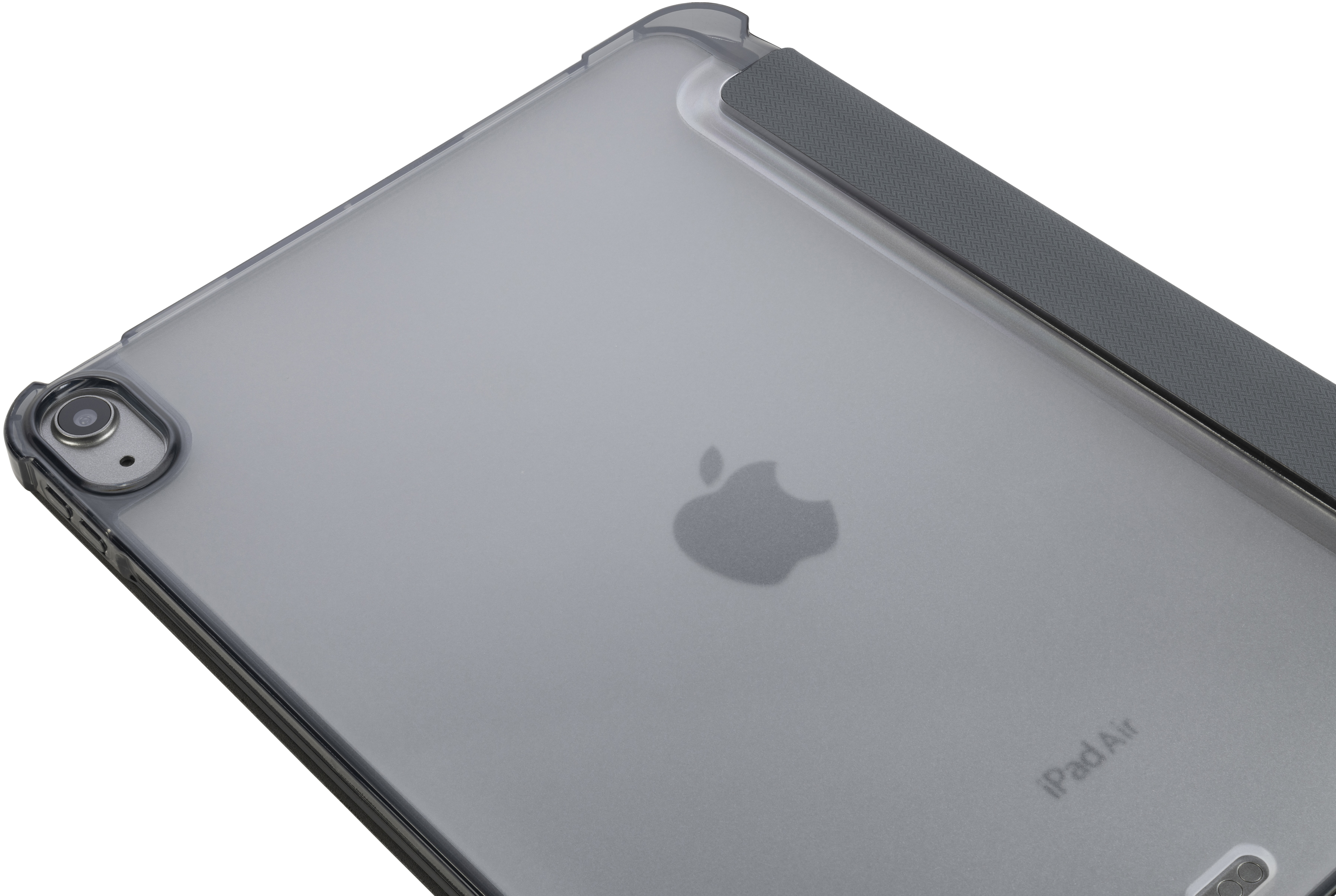 Nahaufnahme eines dunkelgrauen iPad Air mit Hülle.