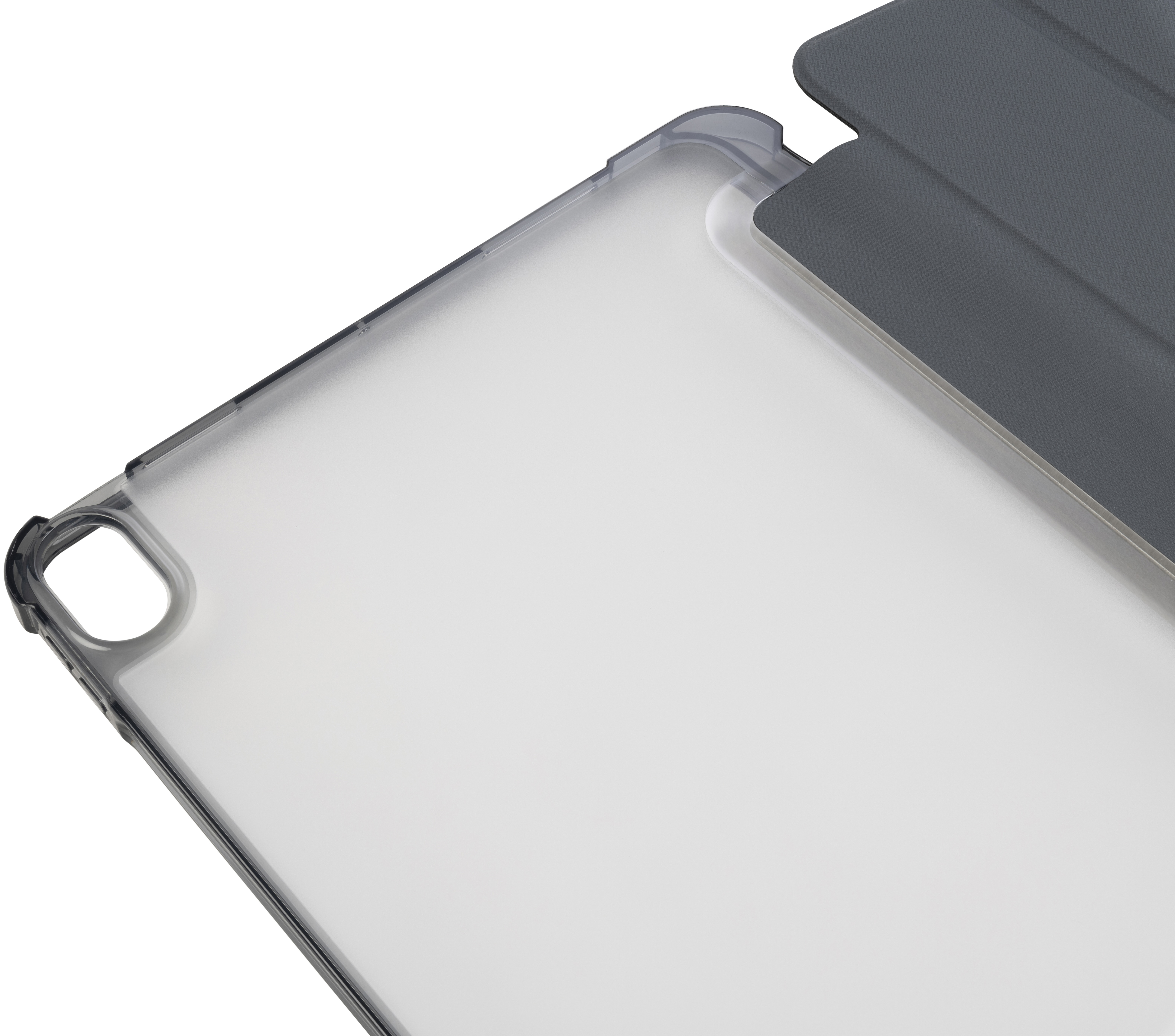Transparente Hülle für ein Tablet, teilweise geöffnet, zeigt den Rahmen des Tablets.