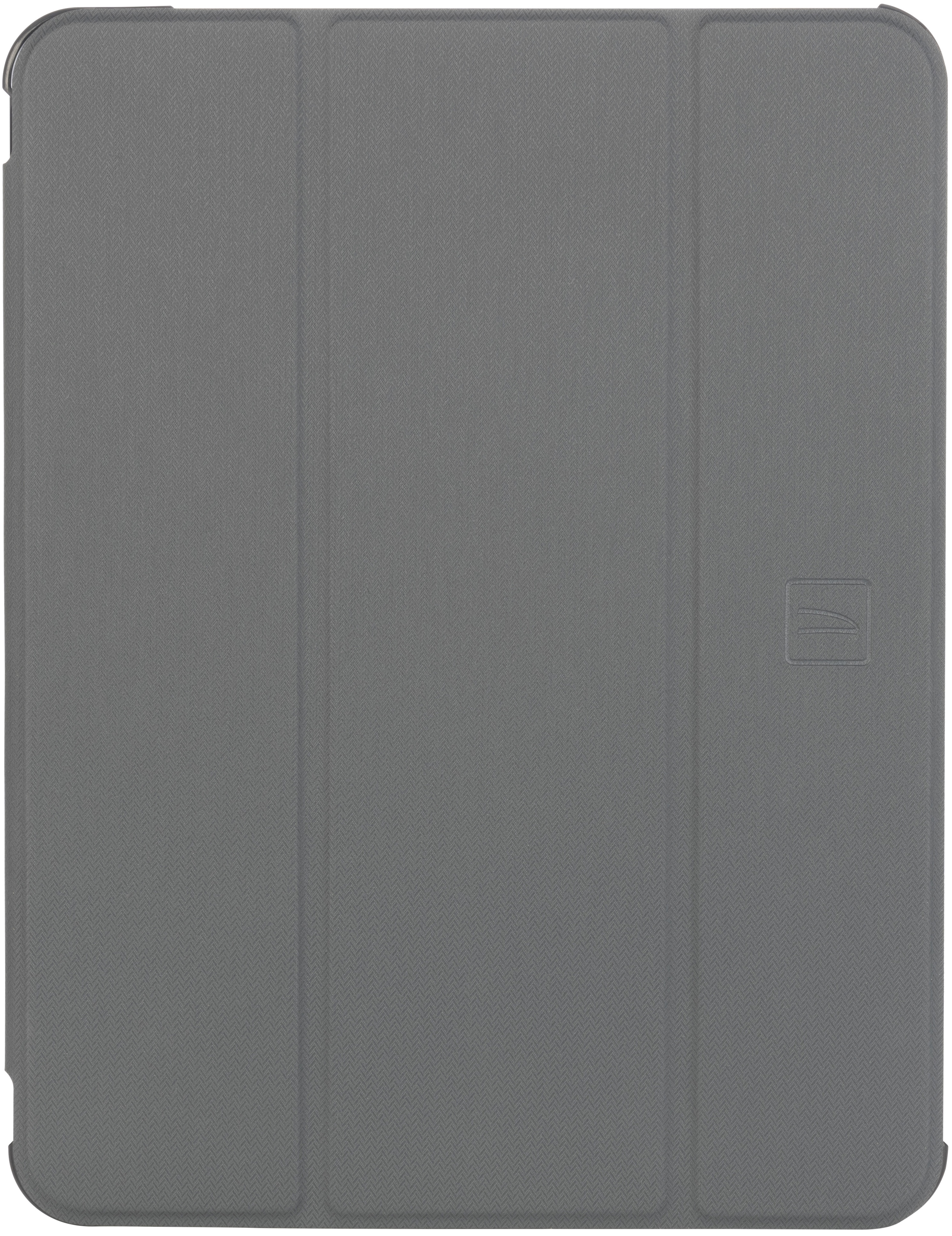 Eine graue Tablethülle mit dreifachem Faltdesign und kleinem Logo. Sie ist geschlossen und hat eine strukturierte Oberfläche.