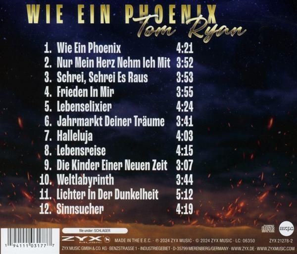 Albumcover mit Songliste, Titel 'Wie Ein Phoenix' von Tom Ryan.
