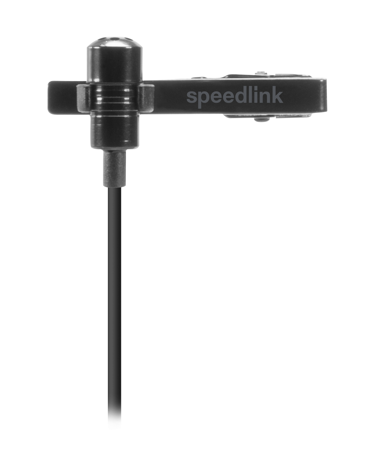 Ein schwarzes Speedlink-Mikrofon mit schwarzem Kabel auf weißem Grund.