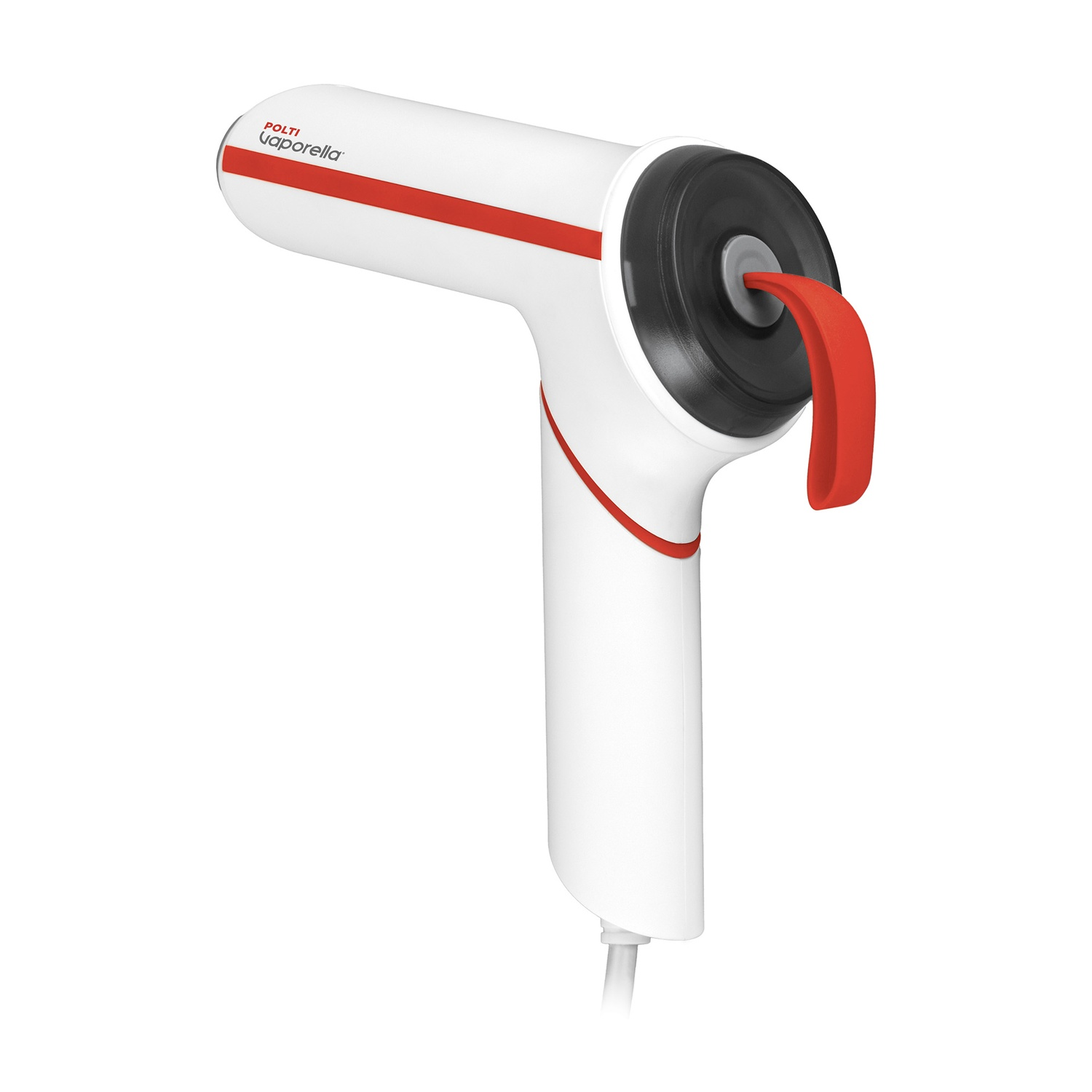 Un vaporizzatore portatile bianco e rosso. Ha un coperchio rosso e un ugello nero.