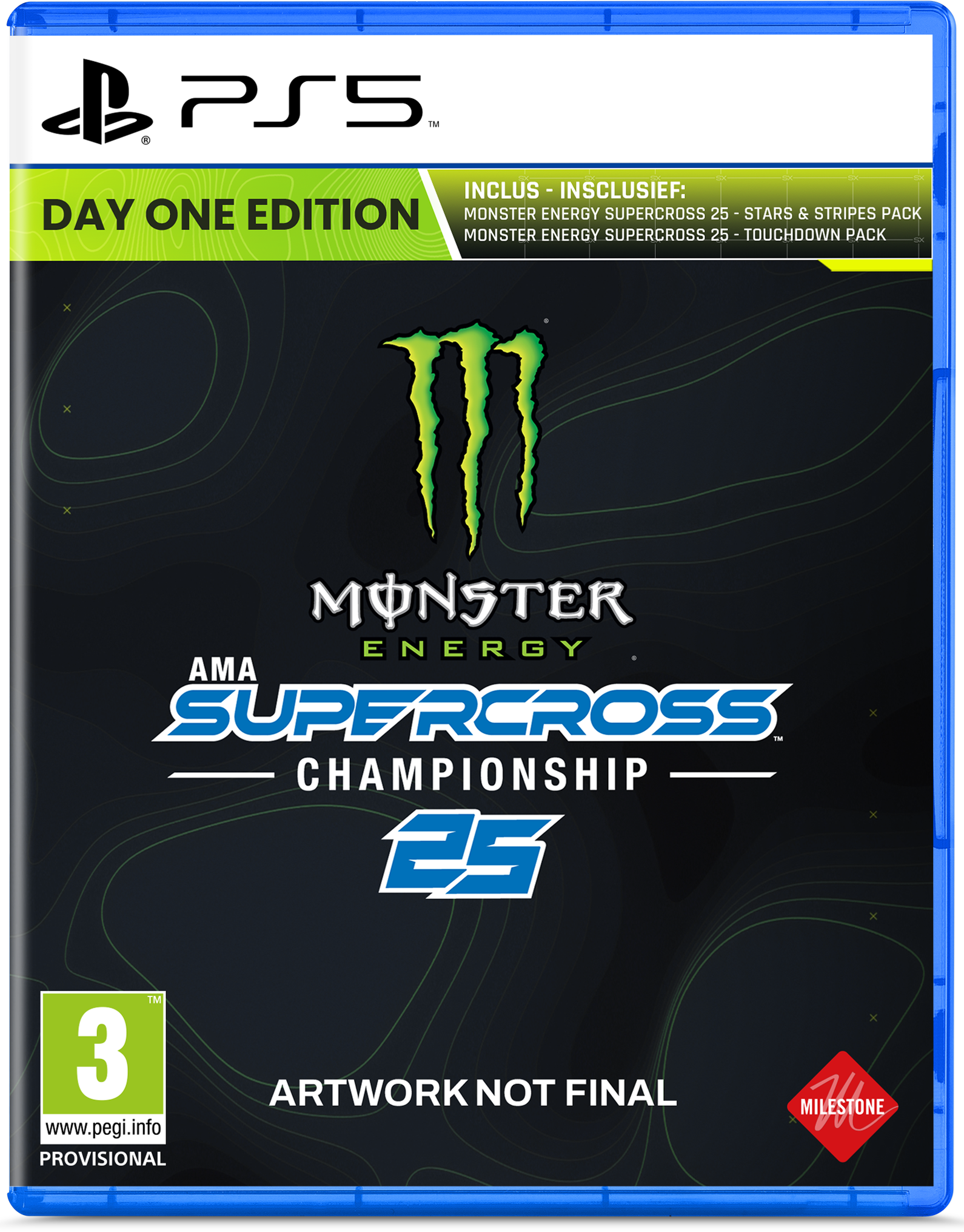 PS5 game case. Zwarte achtergrond met Monster Energy logo en Supercross 25 titel.