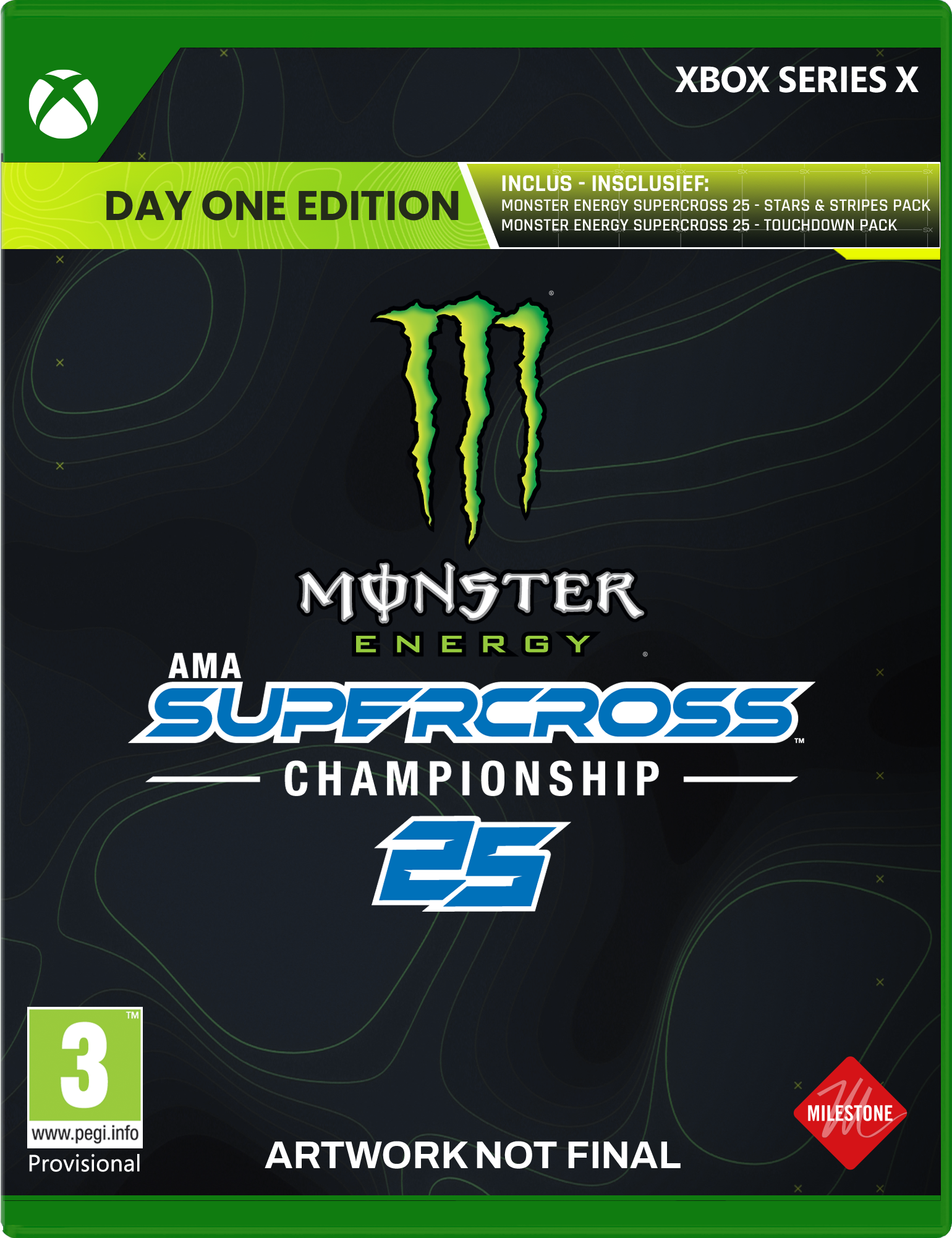 Xbox Series X gamebox. Monster Energy Supercross 25. Groen en zwart design met Monster Energy logo.