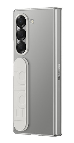 Składany srebrny telefon, zamknięty, z dołączonym białym składanym uchwytem.