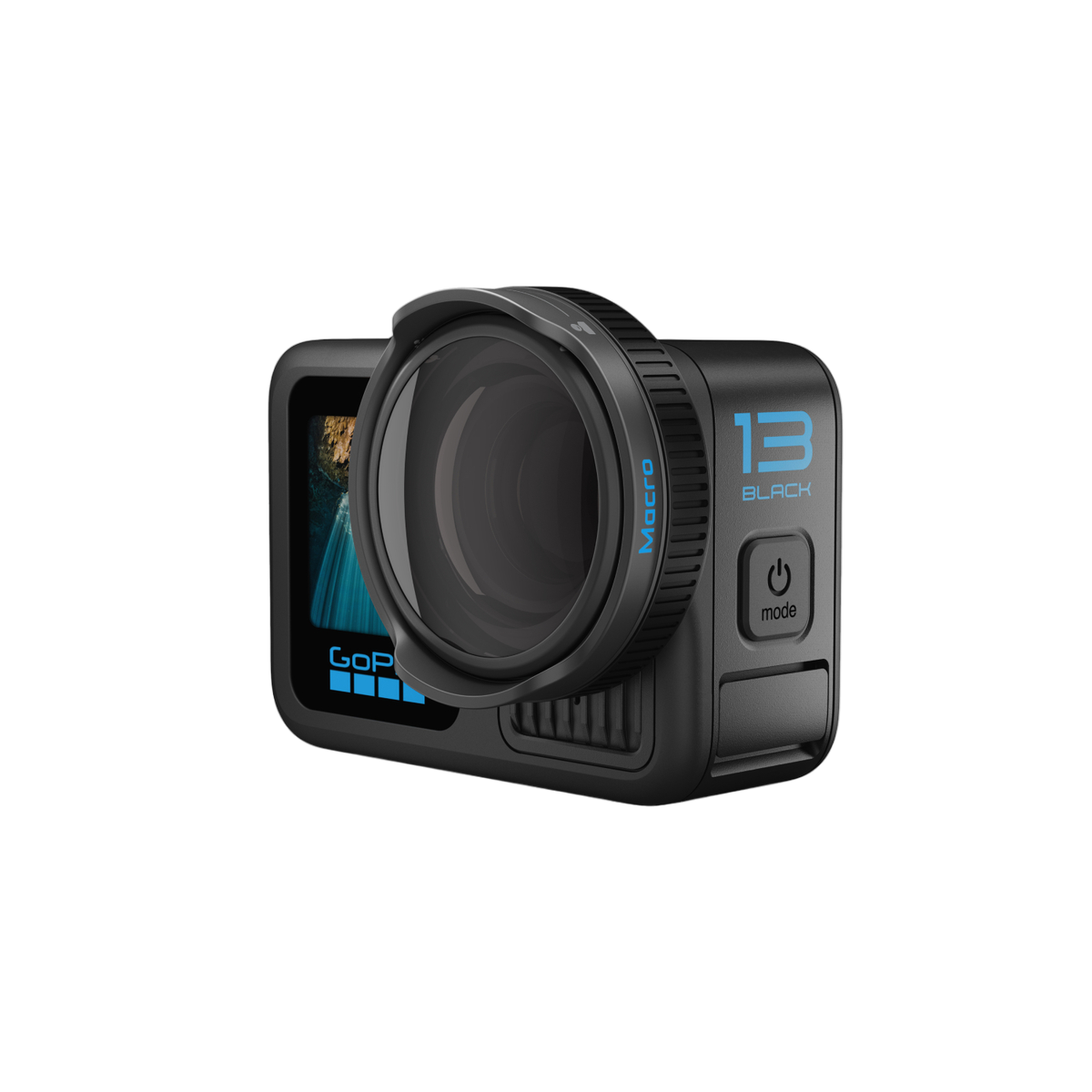 Schwarze GoPro Kamera. Linse ist schwarz. Das Logo unten links.
