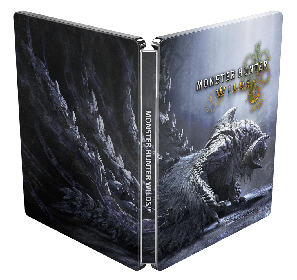 Metalen hoes voor het spel "Monster Hunter Wilds", opengeklapt om de gamecover te tonen.