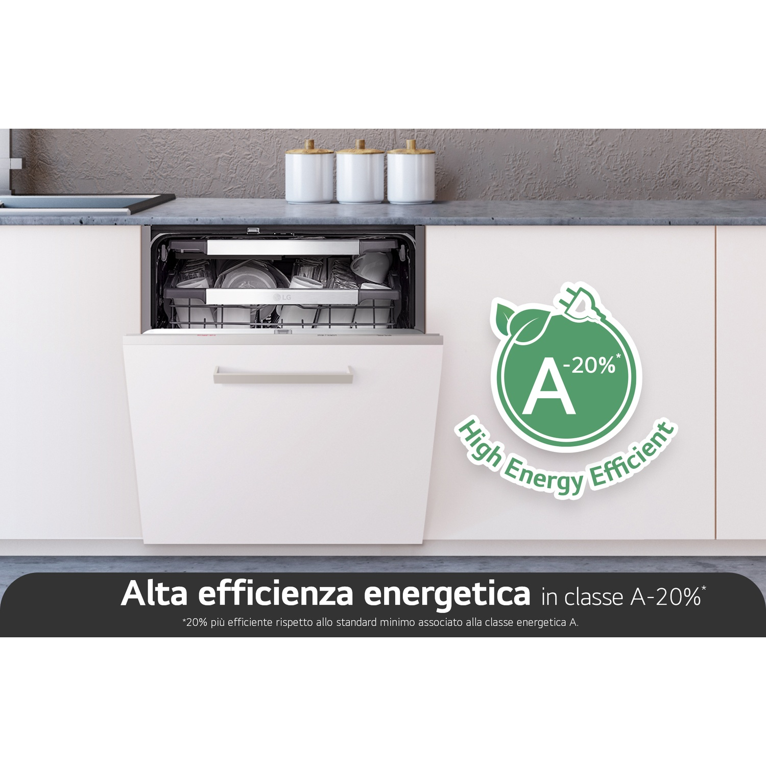 Lavastoviglie aperta, che mostra piatti puliti. Etichetta di efficienza energetica verde e testo in cucina.