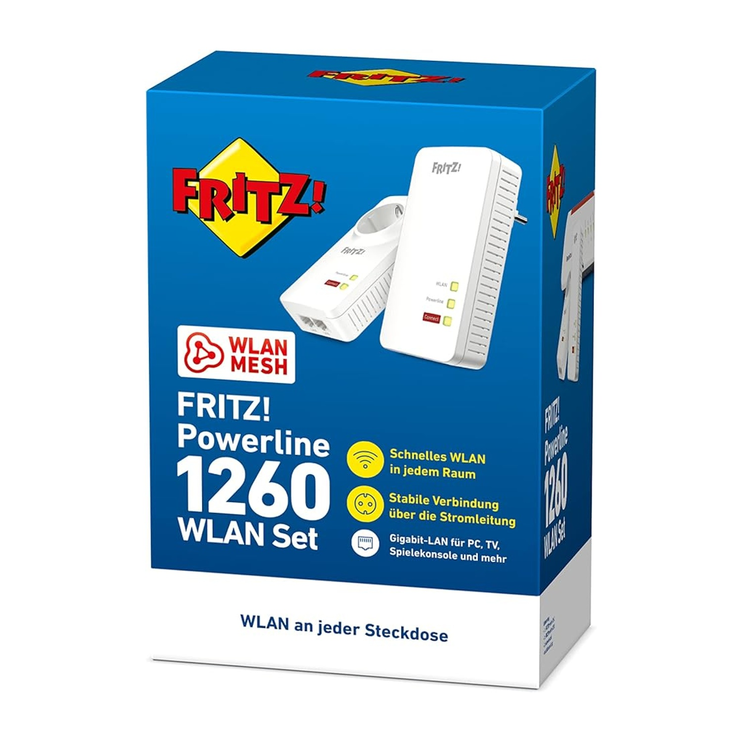 Scatola blu e bianca, kit FRITZ! Powerline 1260 WLAN. Due adattatori Powerline all'interno.