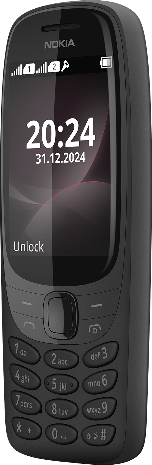 Fekete Nokia telefon, időt és dátumot mutat, gombokkal.