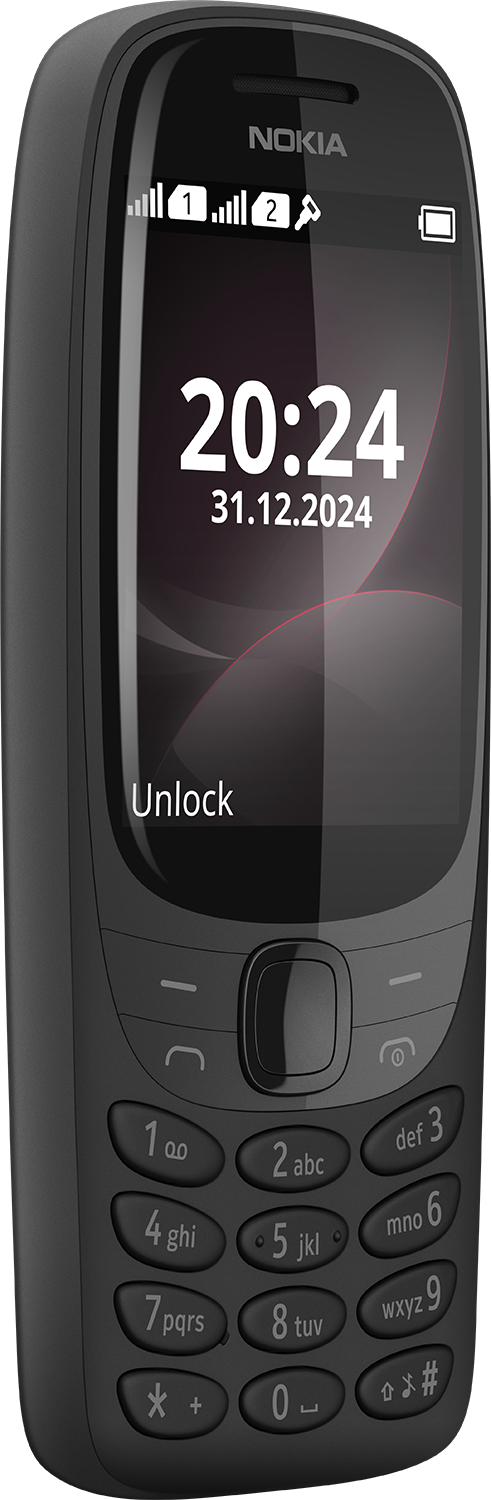 Fekete Nokia telefon, látható képernyővel, idővel és dátummal. Fekete billentyűzet.