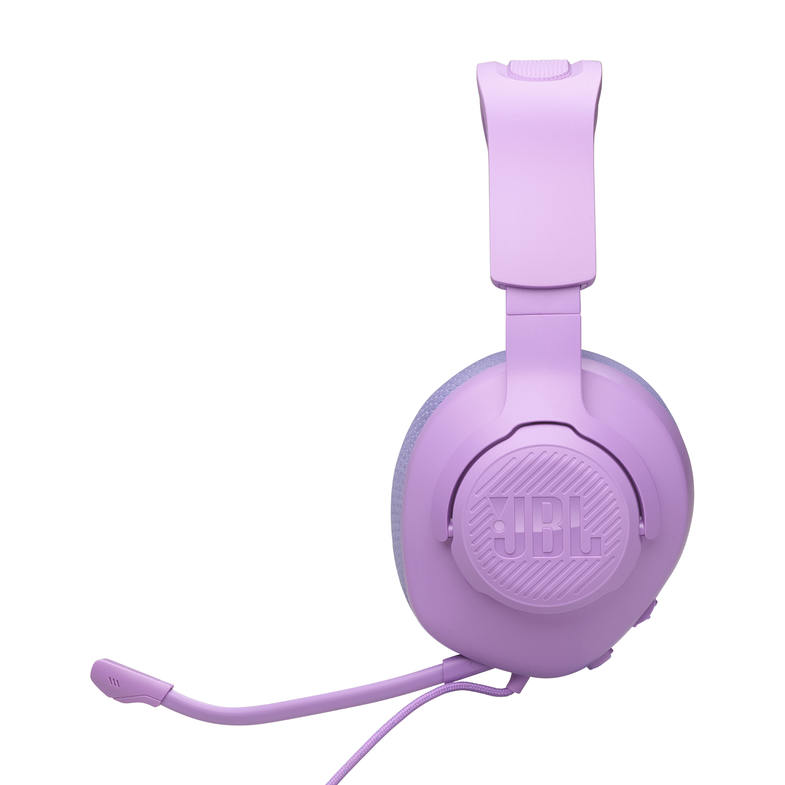 Mikrofonlu pembe JBL kulaklıklar, siyah bir arka plan üzerinde.
