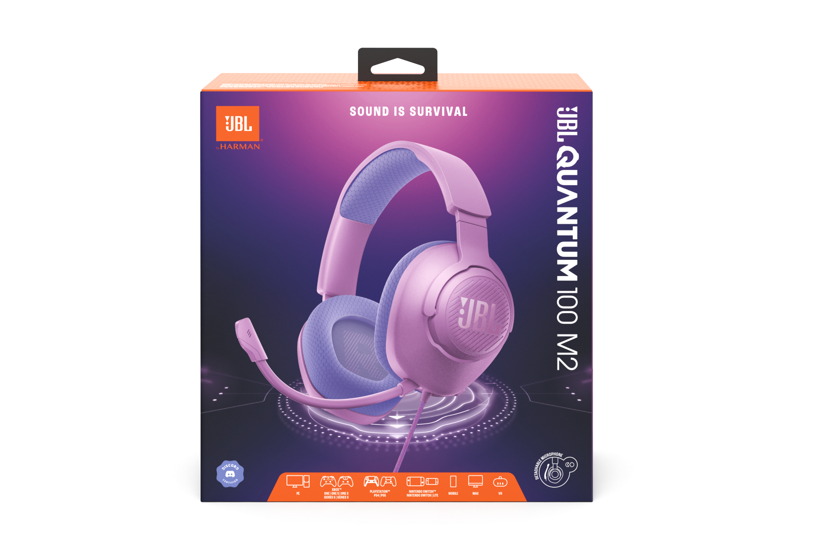 Bir kutuda JBL Quantum 100 M2 kulaklık. Pembe ve mavi renk şeması, mikrofonlu.