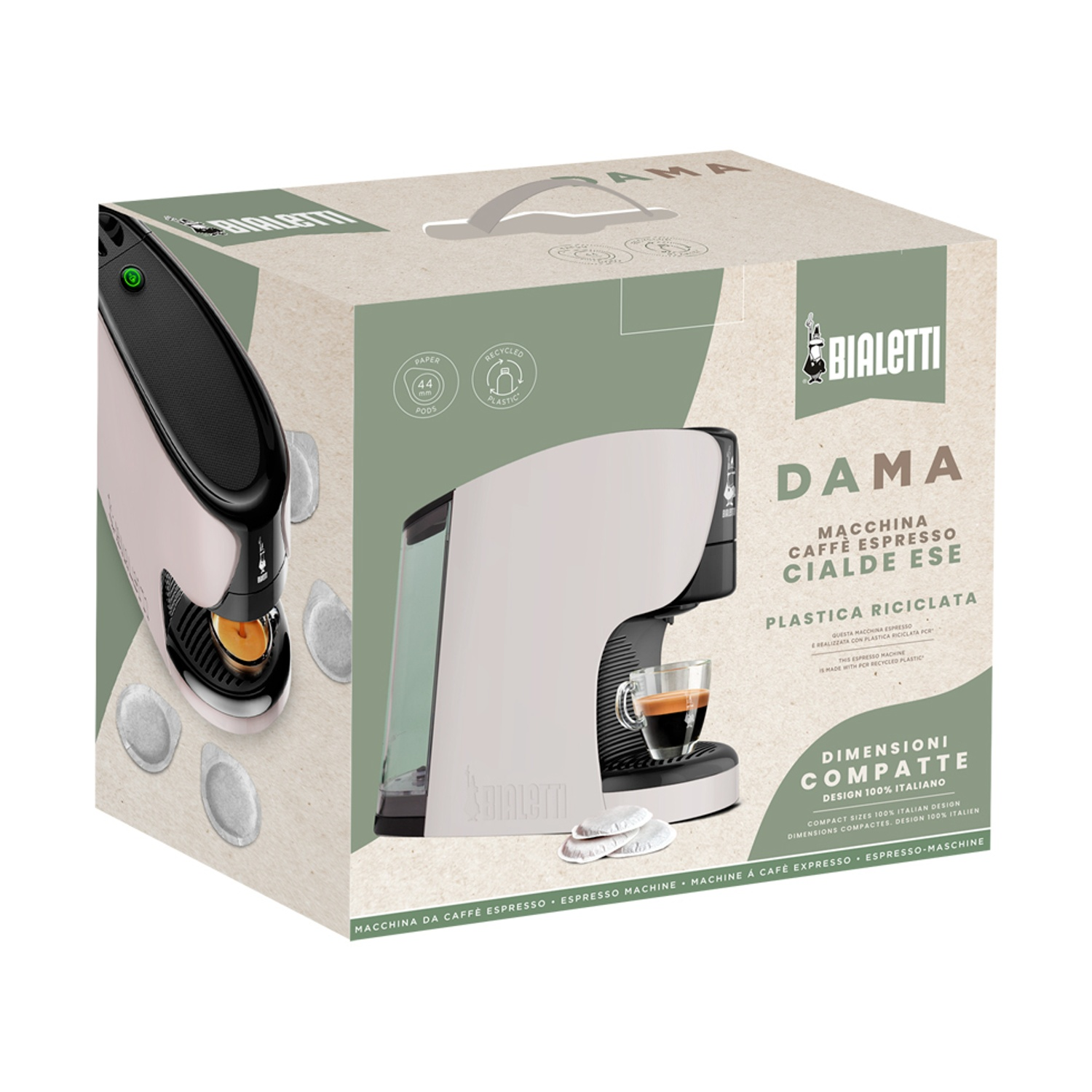 Una macchina per caffè Bialetti Dama in una scatola con cialde di caffè.