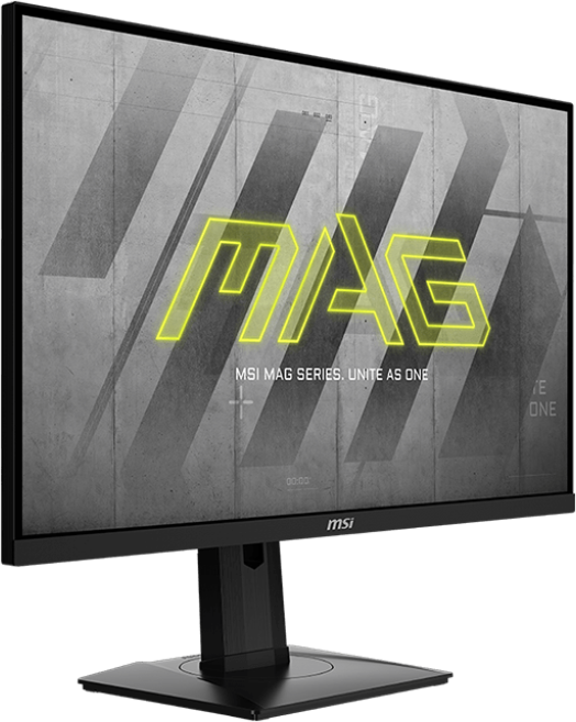 MSI MAG monitor szürke háttérrel és sárga MAG logóval a képernyőn.