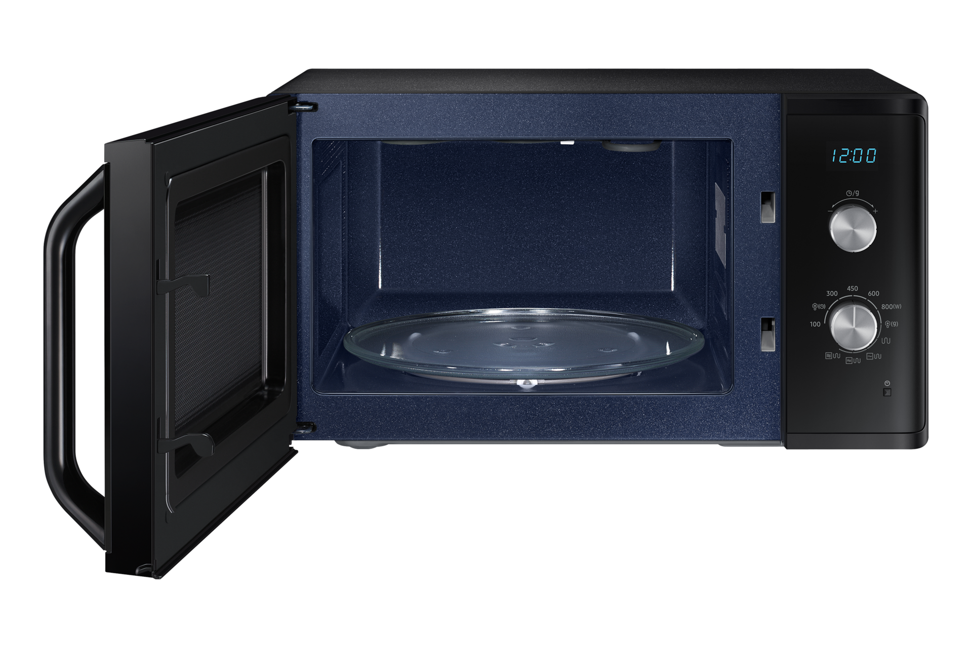 Un horno microondas Samsung negro con la puerta abierta, mostrando el interior.