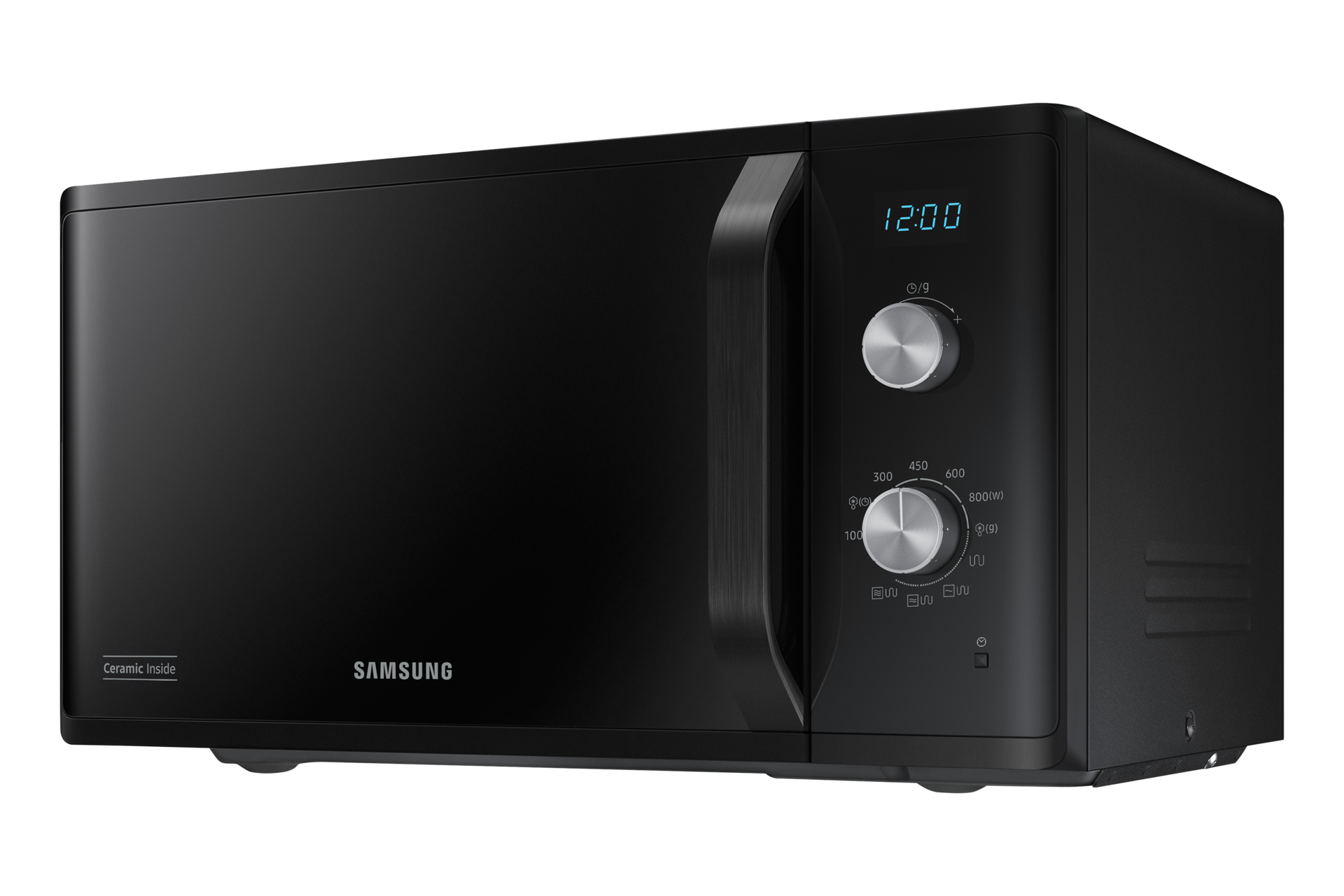 Un horno microondas negro con un panel de control. La hora se muestra en la pantalla.