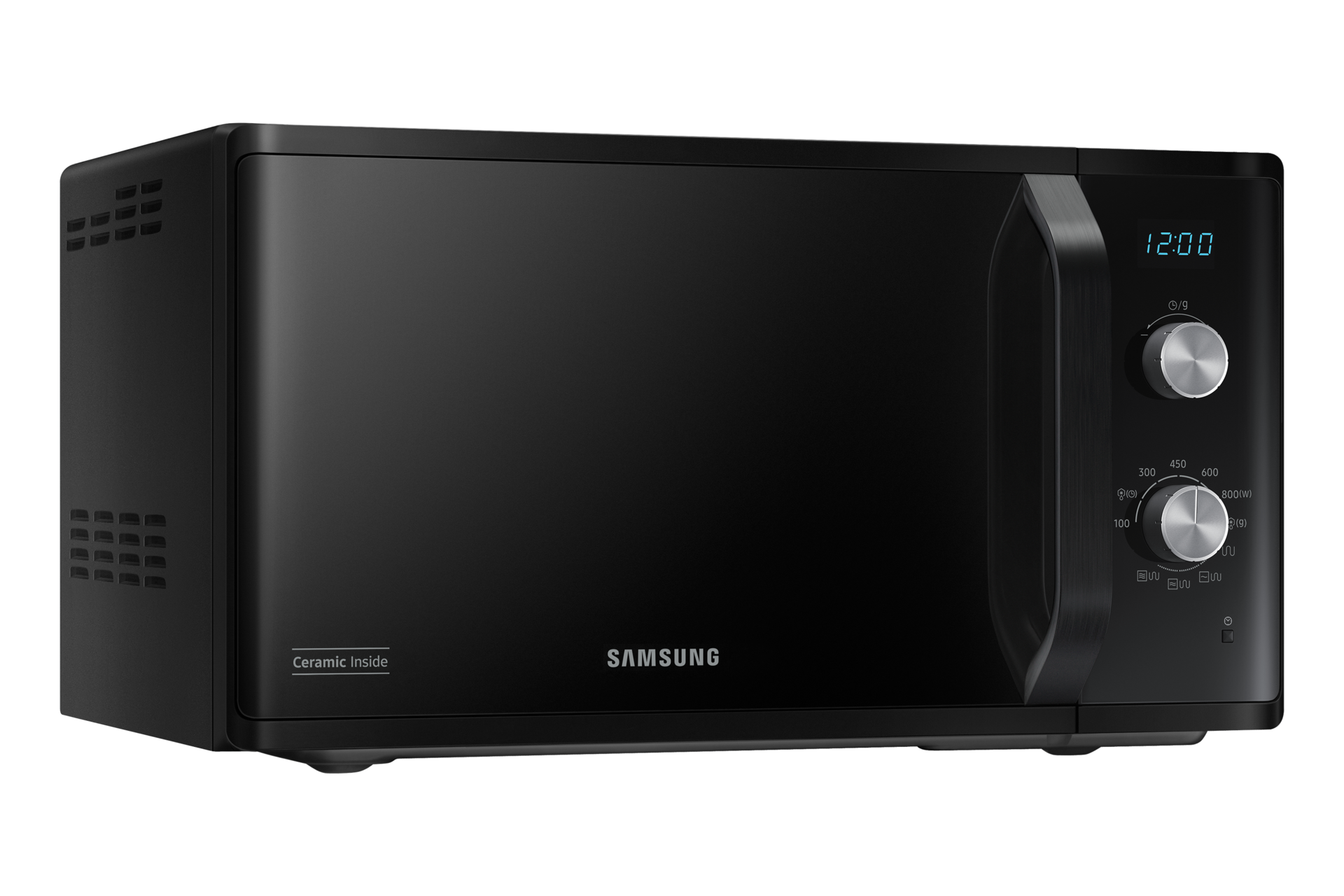 Horno microondas Samsung negro sobre fondo negro. El panel de control y la puerta son visibles.