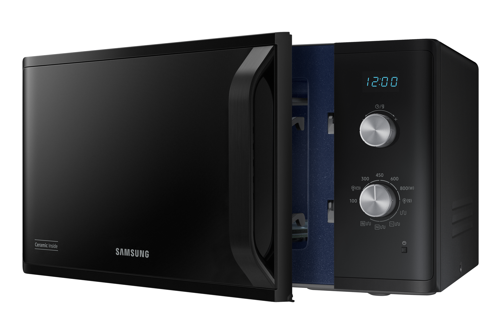 Microondas Samsung negro con puerta abierta, pantalla digital y panel de control.
