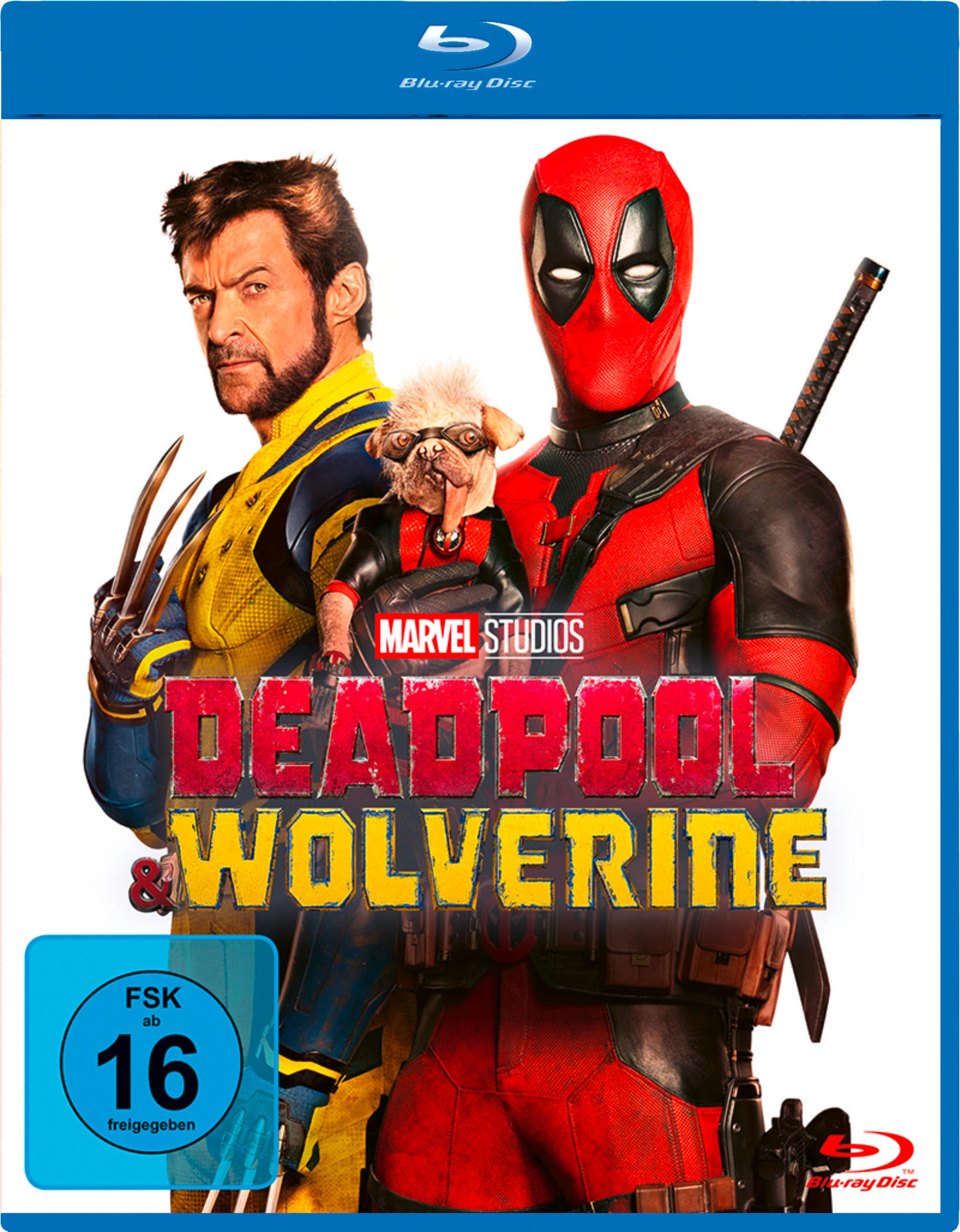 Deadpool und Wolverine auf einem Blu-ray-Cover, mit einem Hund und Text.