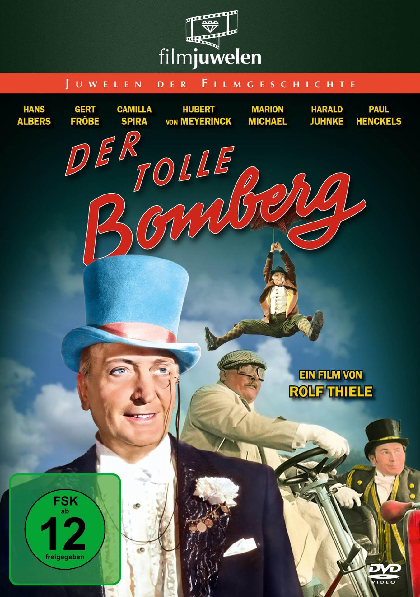 Filmplakat für 'Der Tolle Bomberg'. Schauspieler, ein Mann mit Zylinder, ein fliegender Mann u.a.