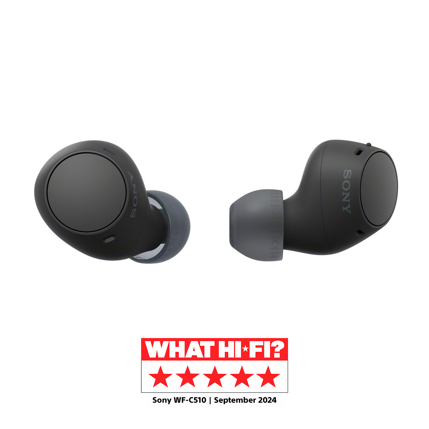 Dos auriculares inalámbricos Sony negros con un premio What Hi-Fi?.