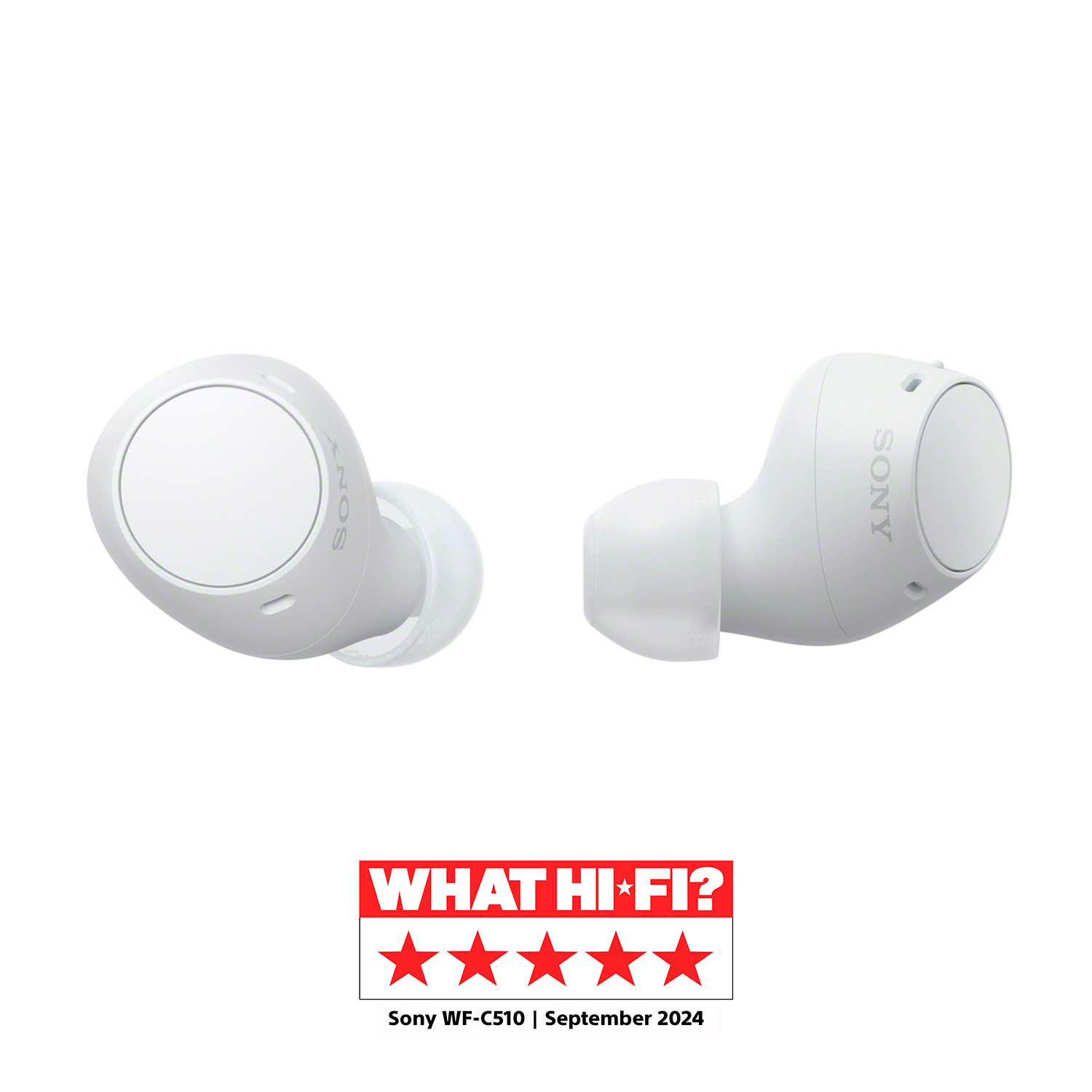 Auriculares Sony blancos con el logo de la reseña 'WHAT HI FI?' y una calificación de 5 estrellas.