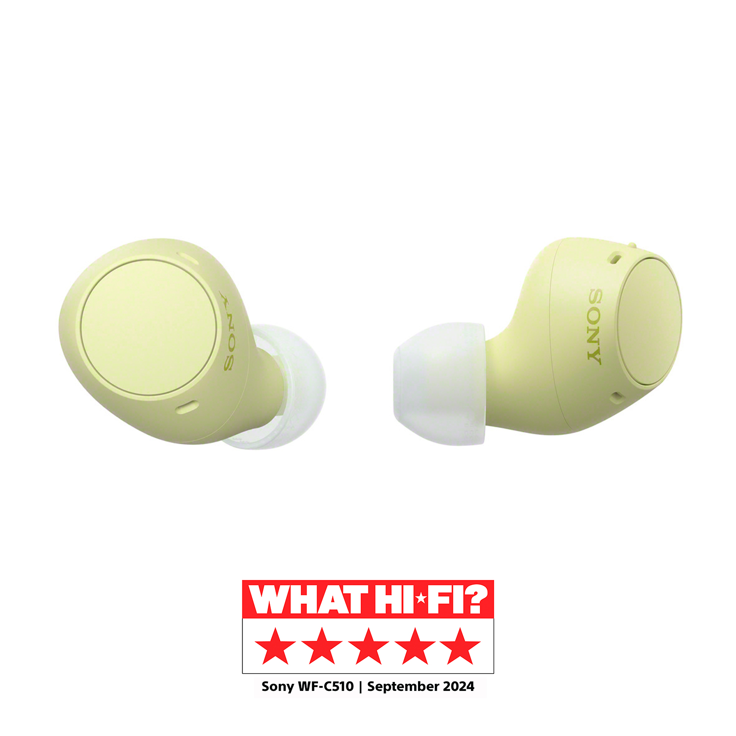 Auriculares amarillos. Texto: Sony WF-C510 | Septiembre 2024, con calificación de 5 estrellas.