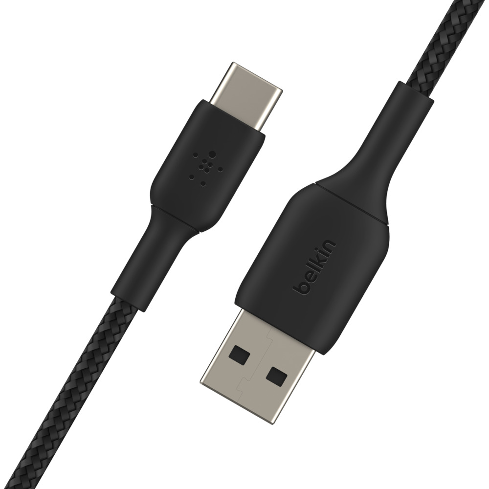 Siyah bir USB-C - USB-A kablosu. USB-C konektörü solda, USB-A sağda.