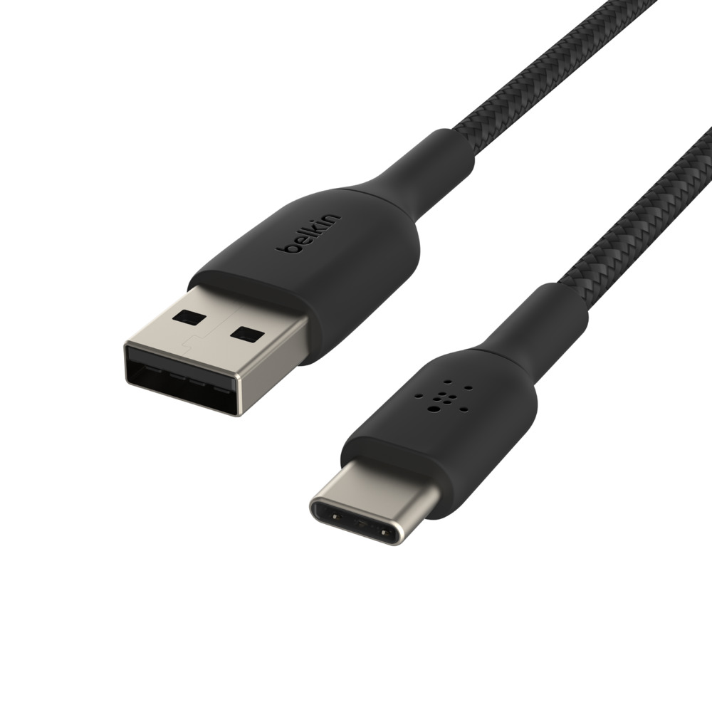 Siyah USB-C kablosu, Belkin markası, USB ve USB-C konektörleri ile.