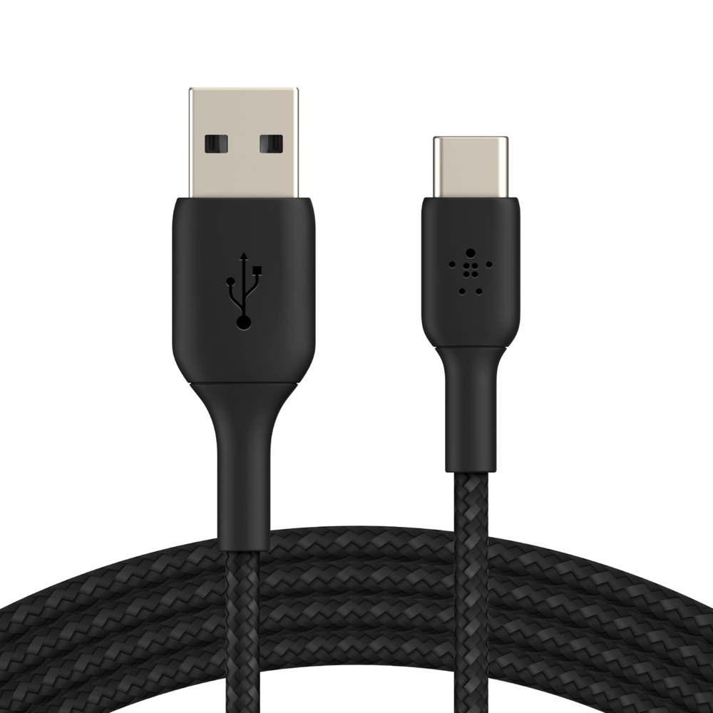Örgü dokulu siyah bir USB - USB-C kablosu. Konnektörler görülebilir.