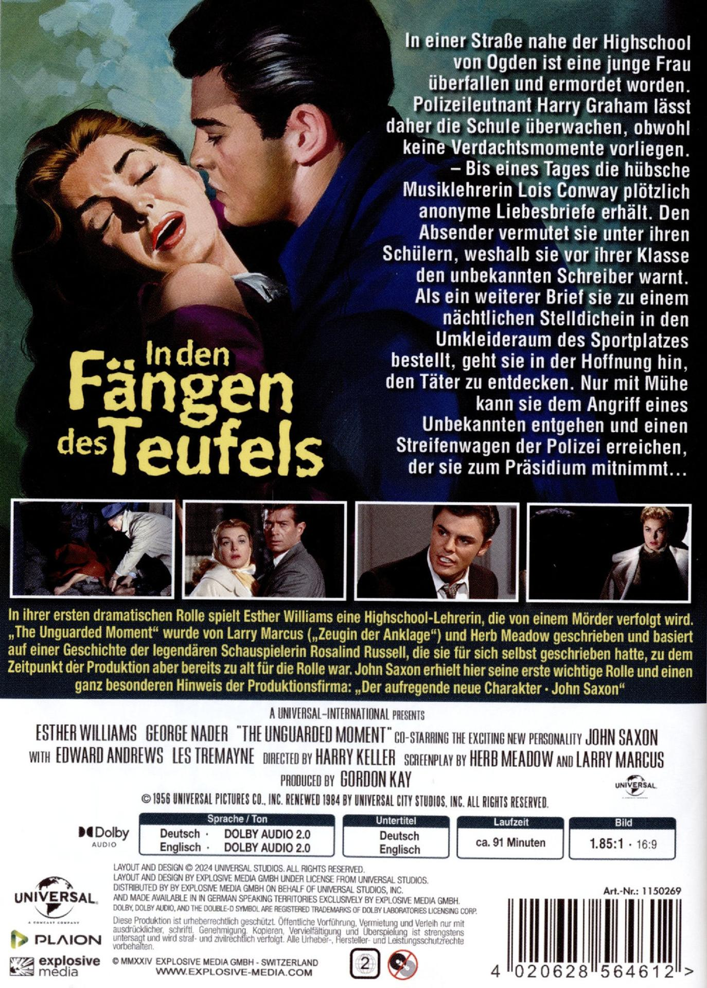 Filmplakat: Mann und Frau umarmen sich, Text auf Deutsch. Titel: In den Fängen des Teufels, mit Schauspielernamen.