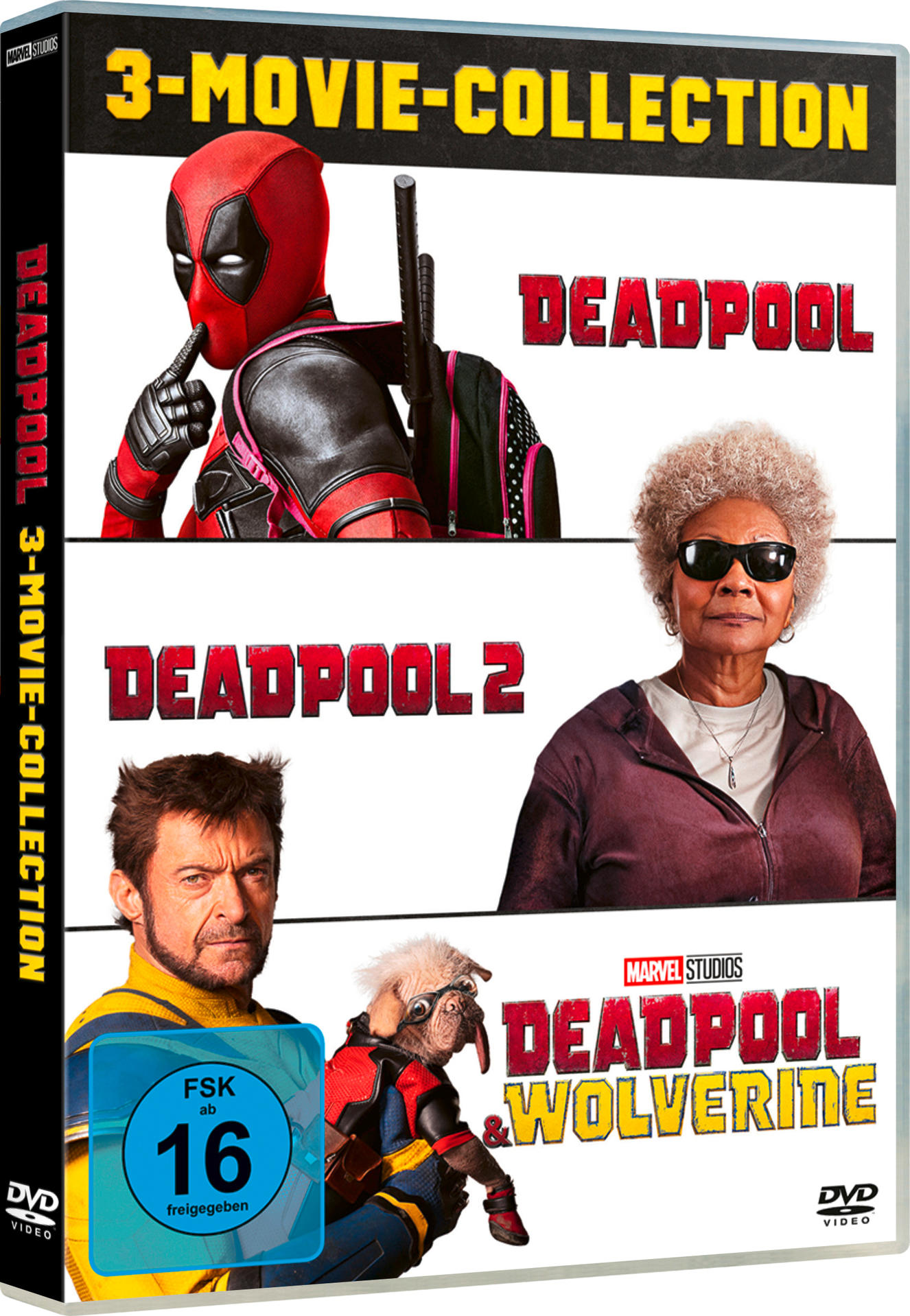 Deadpool 3-Movie Collection Blu-ray-Set, mit Deadpool- und Wolverine-Bildern.