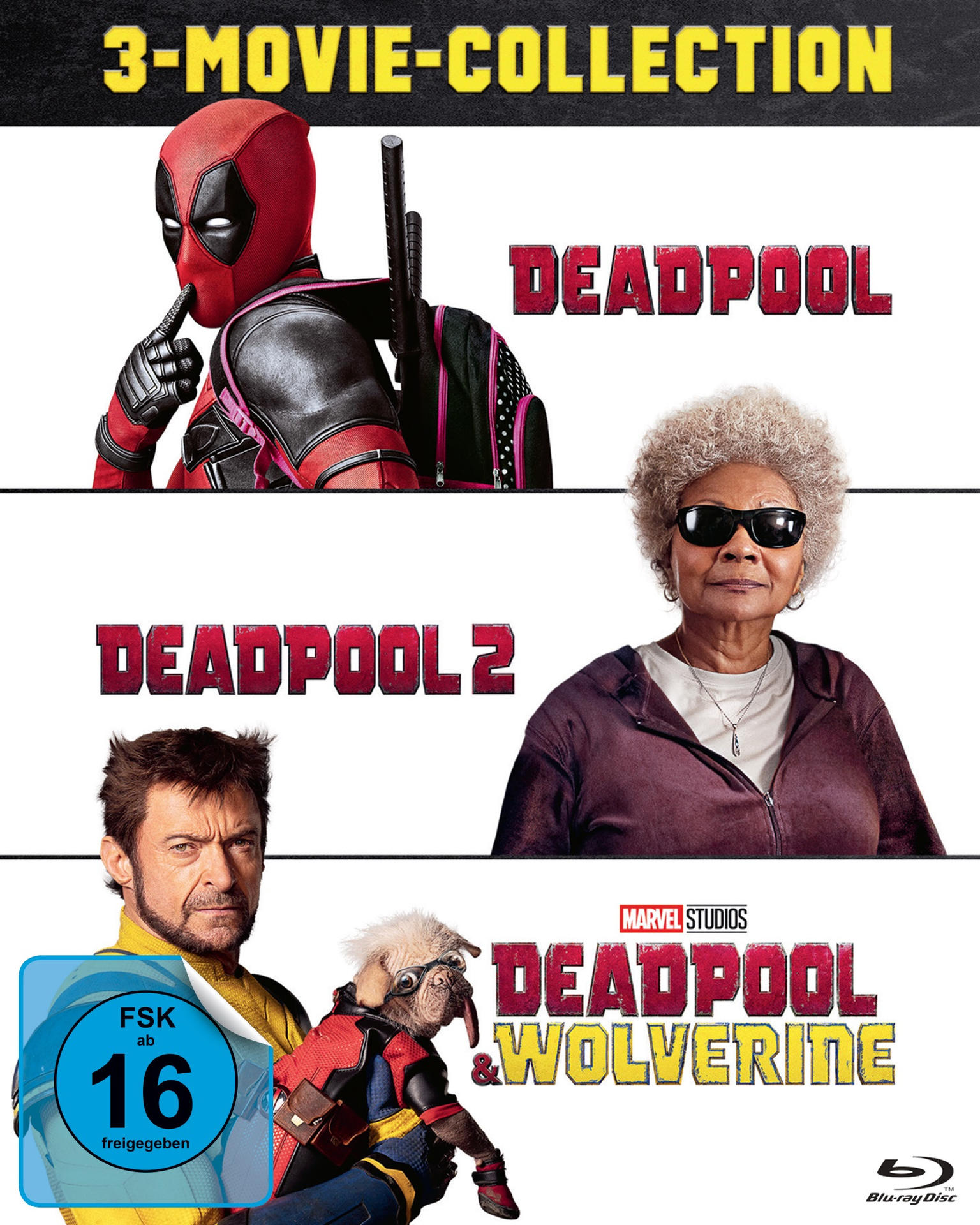 Film-Sammlungs-Cover mit Deadpool, Deadpool 2 und Deadpool & Wolverine.