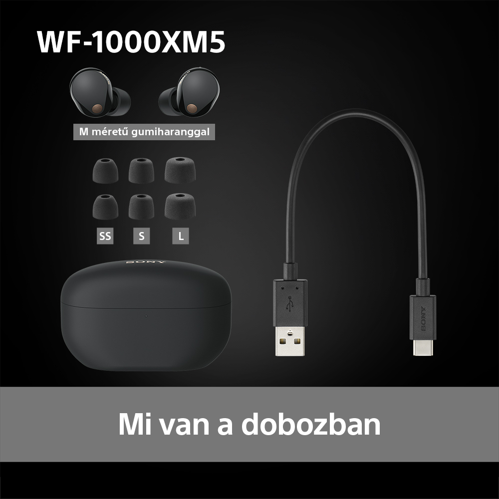 Fekete fülhallgatók, töltőtok és USB kábel. Magyar nyelvű szöveg.