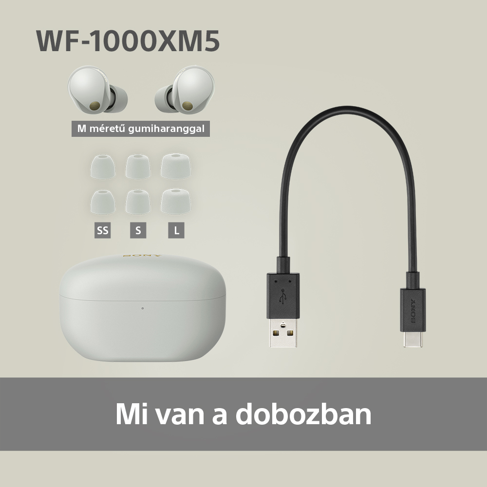 Fehér fülhallgatók, töltőtok és kábel. Szöveg: Mi van a dobozban.