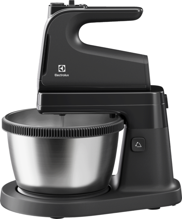 Fekete Electrolux robotgép. A tál rozsdamentes acél. A gépnek fogantyúja és gombjai vannak.