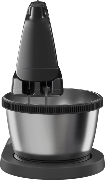 Fekete kézi mixer fém tálban. A mixer fekete alapon van.