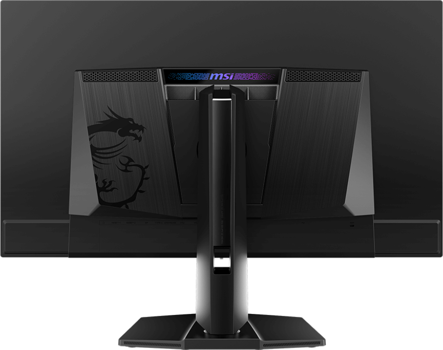 Egy fekete MSI monitor hátulnézete. MSI logót, sárkány dizájnt és állványt mutat. Portok és szellőzők.