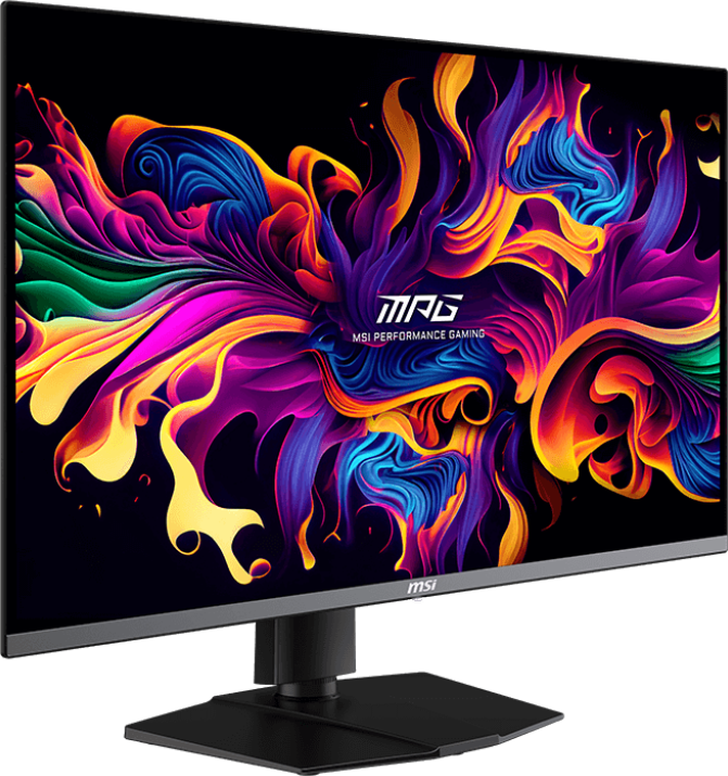 Monitor, amely egy színes absztrakt dizájnt jelenít meg MSI logóval.
